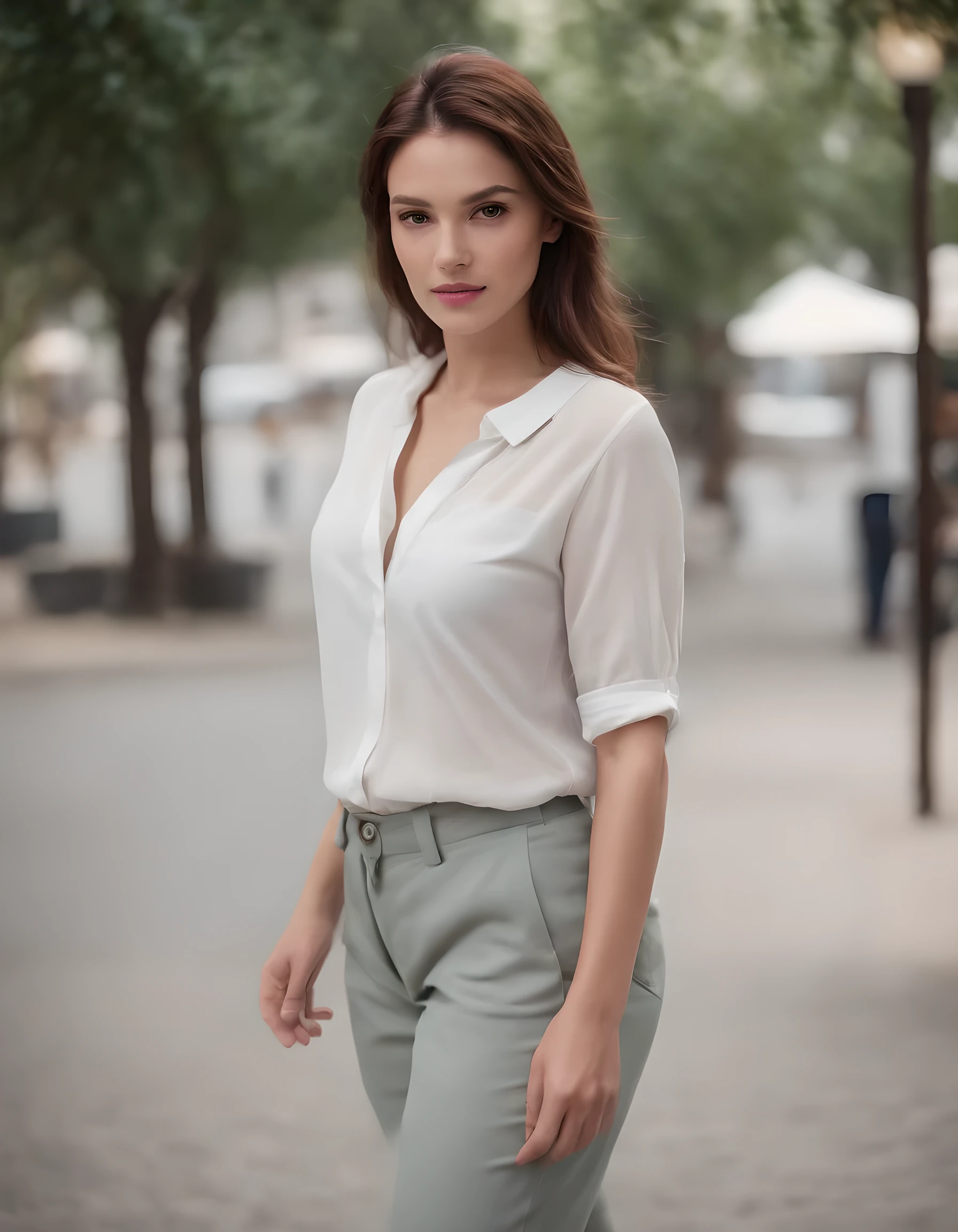((Woman)) wearing short shirt, long pants and sneakers, medium long shot