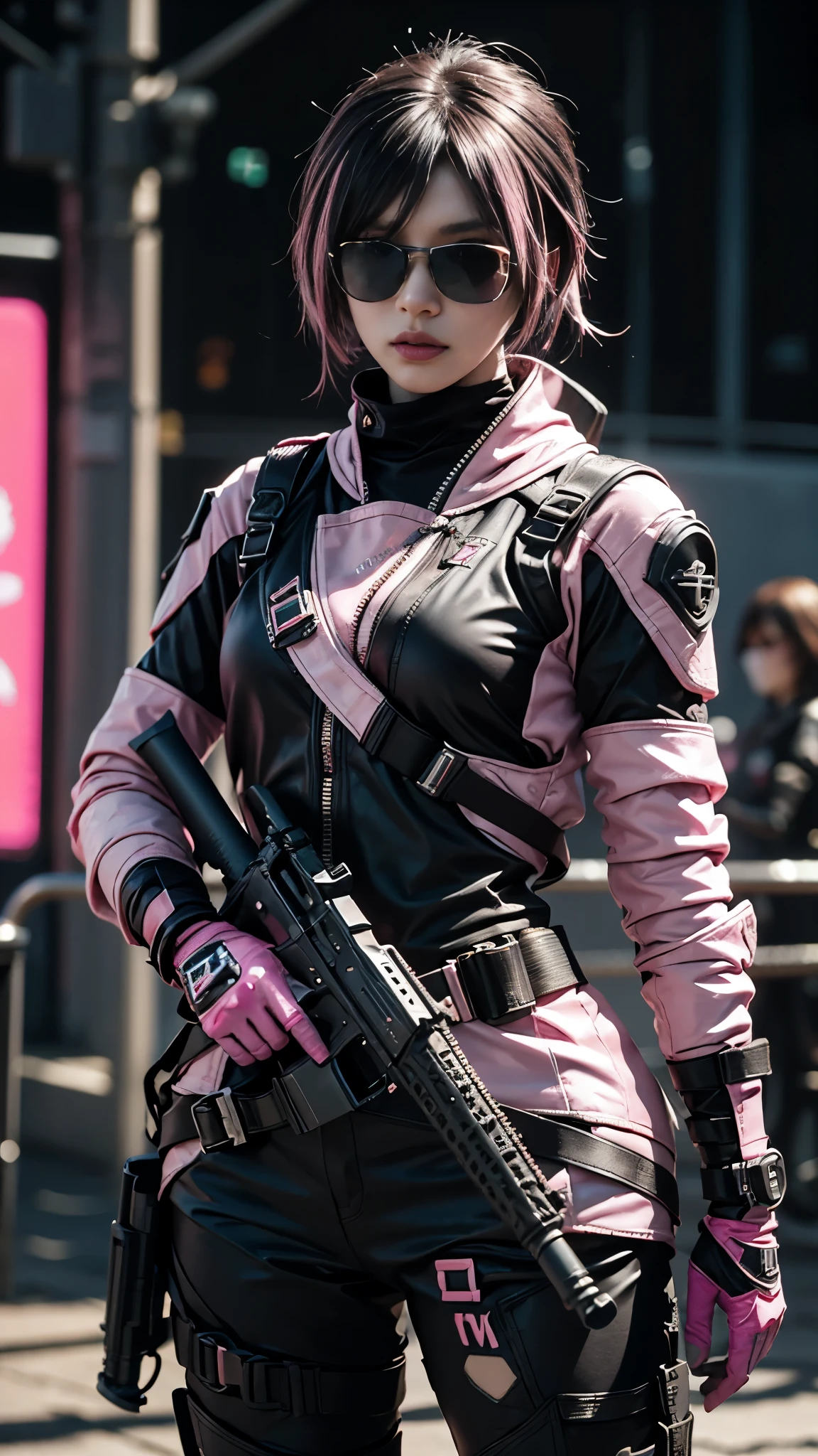 8K, UHD, masterpiece, 1 girl, detailed face, smart face, ((sunglasses)), detailed eyes, sniper rifle in hand, battleroyal, call of duty cosplay, call of duty modern warfare 3, ((ghost tribe)), ((pink and black cosplay:1.5)), belts, gun, methic gun, futuristic art, cyberpunk lihting, ultra extreme graphics, RTX 4090, ray tracing, bloom, depth of field, motion blur,