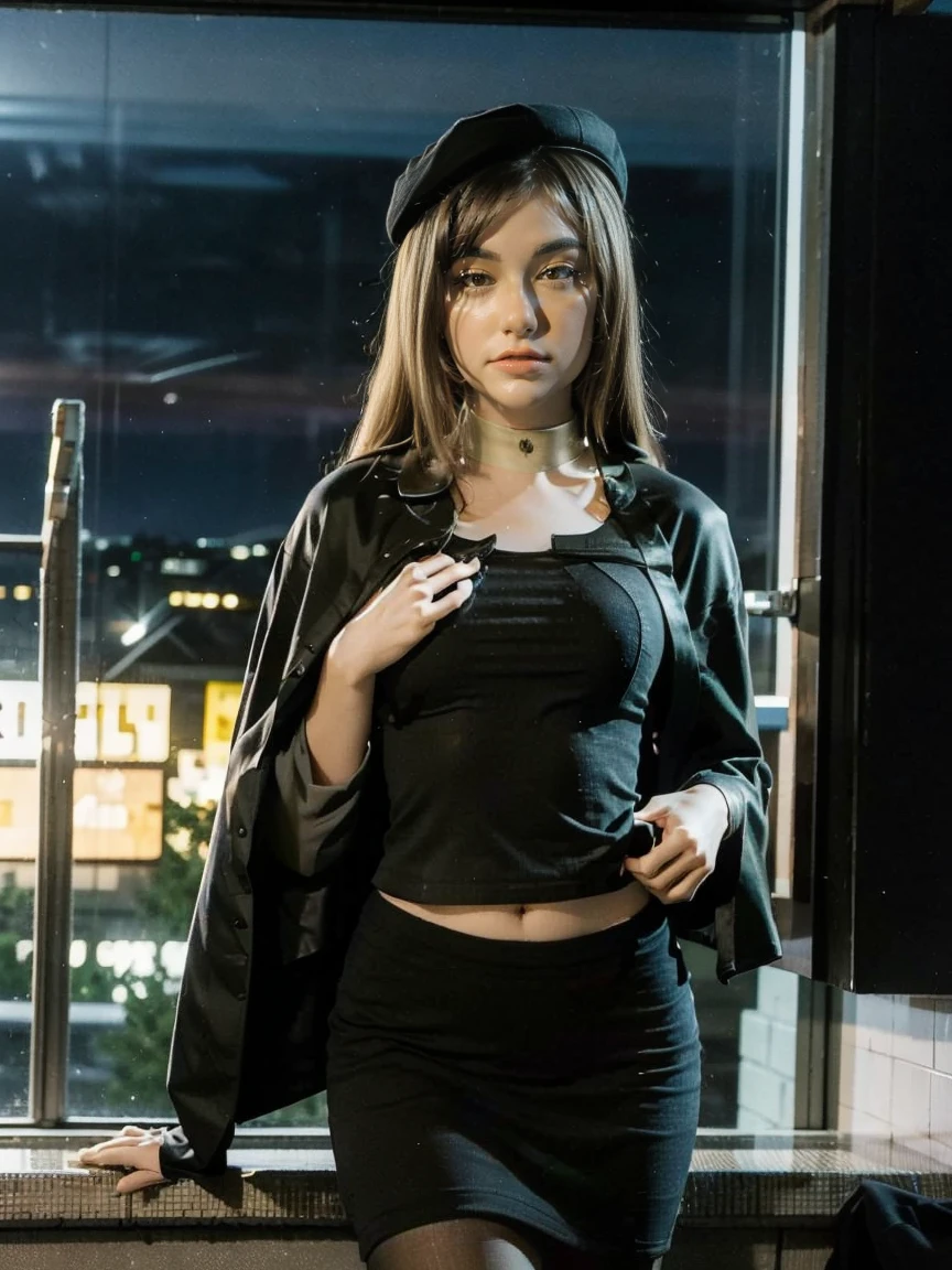 (1 lady), (Best quality at best:1.4), (ultra - detailed), (extremely detailed CG unified 16k), A Beautiful Woman with Perfect Figure: 1.4, Sharp Focus: 1.2, very detailed, High-definition RAW color photo, professional photoshooting, amazing face and eyes, cosmetics, (amazingly beautiful girl), ((Miyo)), ((ascot, uniform, black skirt, cross, ribbon, emerald, beret, cape, pantyhose)), standing, sexyposture,(Dark and stylish huge gothic cathedral from outside, city lights at night, city lights:1.3), realistic cinematic face, head to feet long wide zoomed out view, full body long view, photorealistic, ((realistic natural gold blonde hair style, yellow honey eyes, long hair)), gorgeous, extremely beautiful face, perfect model beauty, pout mouth, Highly Detailed Face and Skin Texture, Detailed Eyes, Double Eyelids, Big Breasts looking natural, Smile, cleavages, western, (masterpiece), best quality, high resolution, extremely detailed, blurred background, depth of field, cinematic lighting, amazing legs, high heels, clear and well-cared skin,