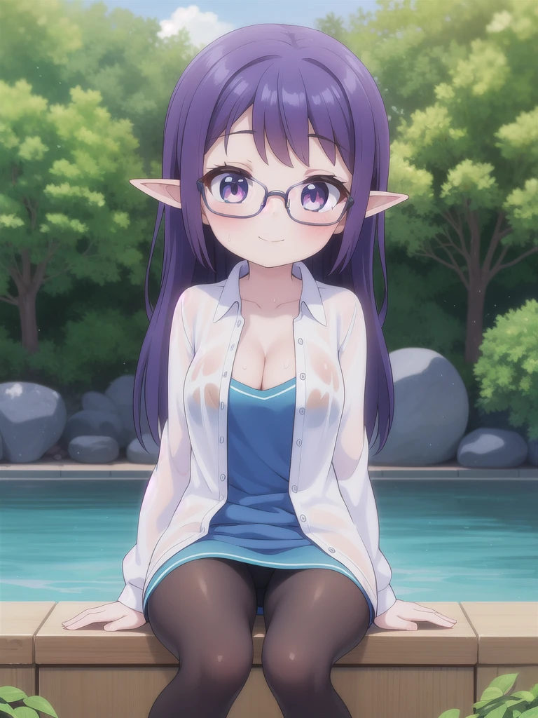 master-piece, bestquality, 1girls,, View viewers from the up, sit down, horny, HD, slight smile, big tits, cleavage, rainbow hair, tights cloth, shirt, heart shape pupille, horn, tiny body, wear glasses, wet, elf ear,