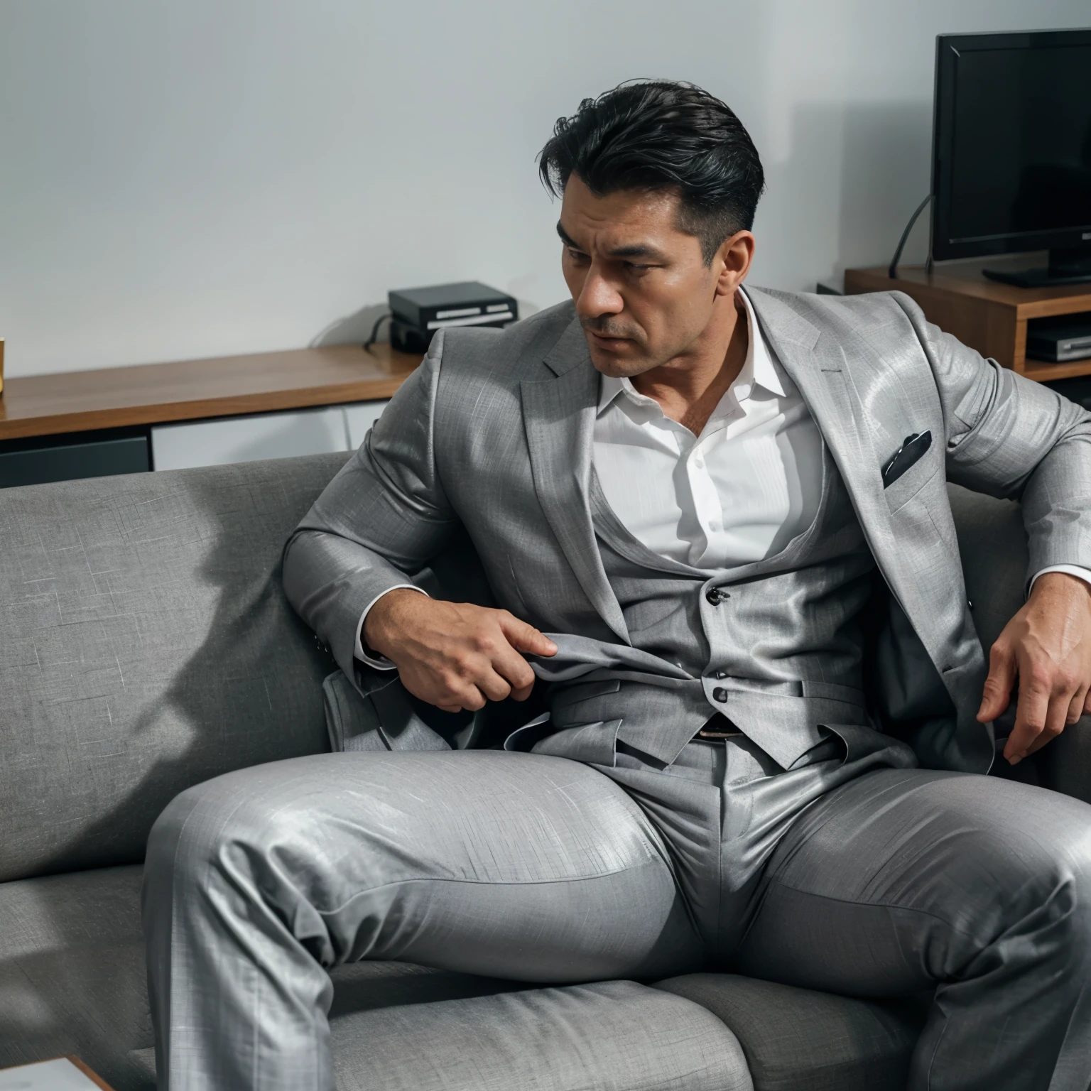 30 years old,daddy,"shiny grey suit ", wear white shirt,  very shiny grey pants, very shiny grey waistcoat, Dad sit down on sofa,k hd,in the office,"big muscle", gay ,black hair,asia face,masculine,strong man,the boss is,handsome,,leather gloves,lecherous dad,look straight ahead,dad is handsome,dad is handsome ,dad is "horny dad"