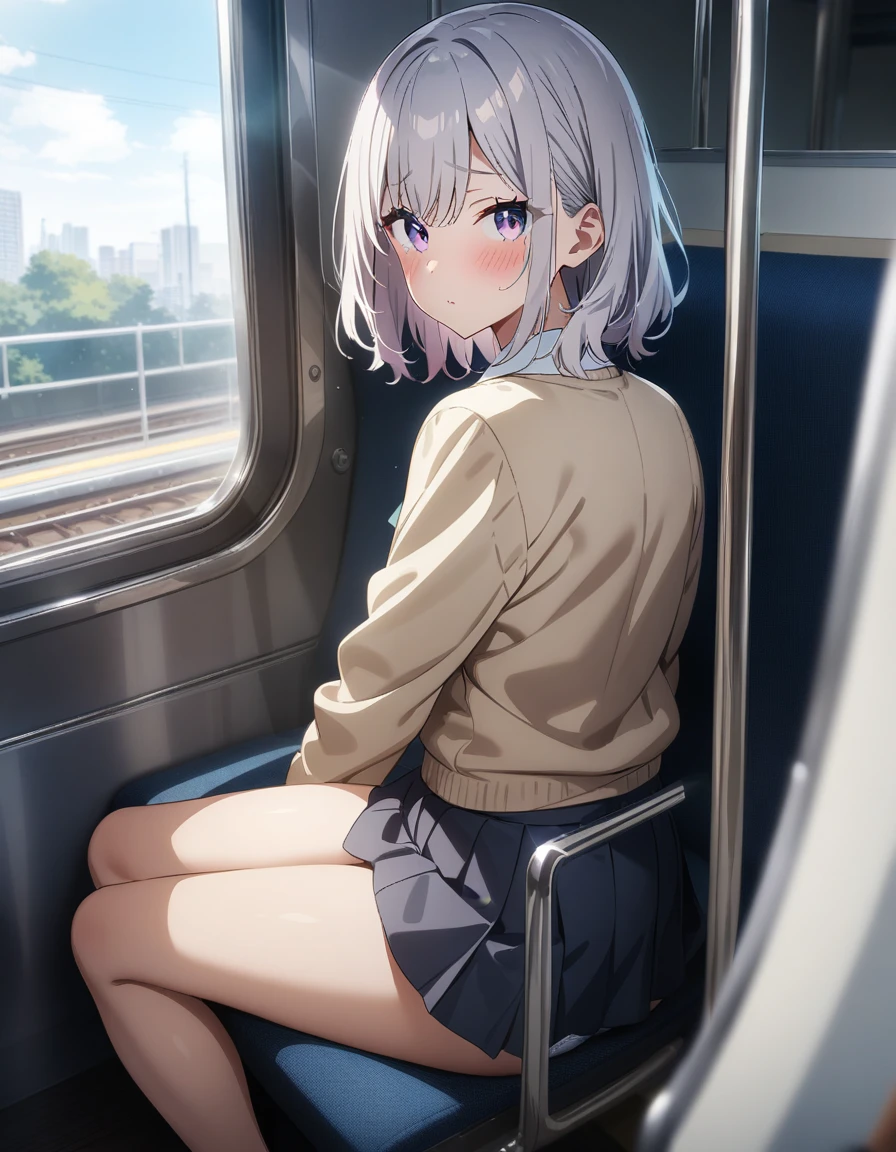 masterpiece, best quality, very aesthetic, absurdres, 1girl, school girl uniform, sitting on seat, panties, legs apart, in train, blush, key visual, highly detailed, looking at viewer, back view