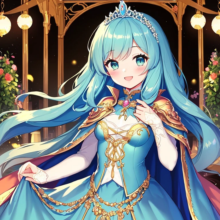 (kawaii),(best quality),(ultra detailed), upper body,(rococo style),(long train mint blue cape:1.05), very long cape,(long train mint blue ball gown with flower decorations:1.05), a girl is wearing a cape over her gown, 1 princess, tiara, smile, small breasts, very long hair