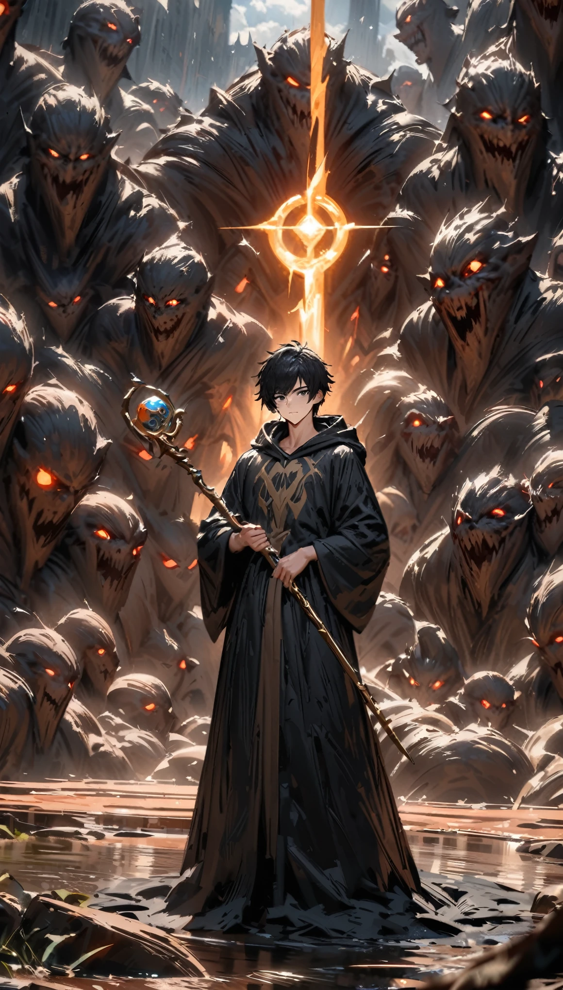 Human male youth, black eyes black hair, thin body, handsome face, name is Zhou Cun, identity is Summoner, wearing black hooded robes, staff in hand, eye of Sauron from Lord of the Rings in the background, sky is cloudy with lightning, lots of monsters behind him, best quality, beautiful picture, masterpiece, cinematic light, masterpiece, impasto
