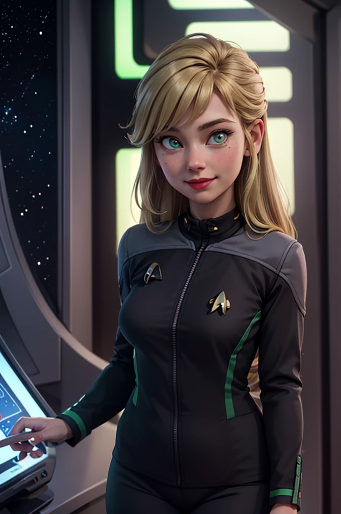 wide shot, ((best quality)), ((highly detailed)), masterpiece, (detailed eyes, deep eyes), (1girl), dynamic angle, cowboy shot, mlpapplejack, woman, smile, looking at viewer, ((long blonde hair)), ((green eyes)), hair in a low bun, standing next to the warp core, large breasts, realistic proportions, curvy body, lipstick, curvy hips, busty, subtly visible breasts, (((star trek warp core background))), dim lighting, facing computer screen, black uniform, grey shoulders,(((unzipping uniform))), (((visible lace bra))), opening jacket, holding a tablet