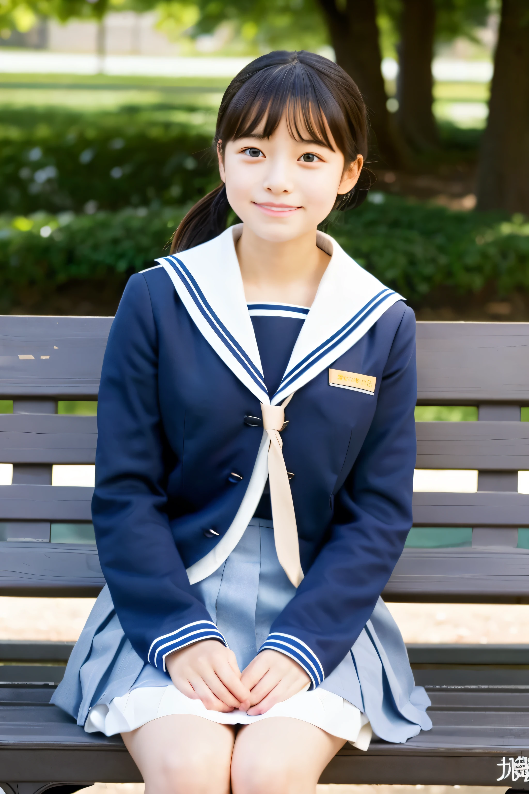 A beautiful Japanese junior high school girl is sitting on a park bench。She is wearing a navy blue sailor uniform and has her hair in a short ponytail.。She looks surprised as she looks ahead。