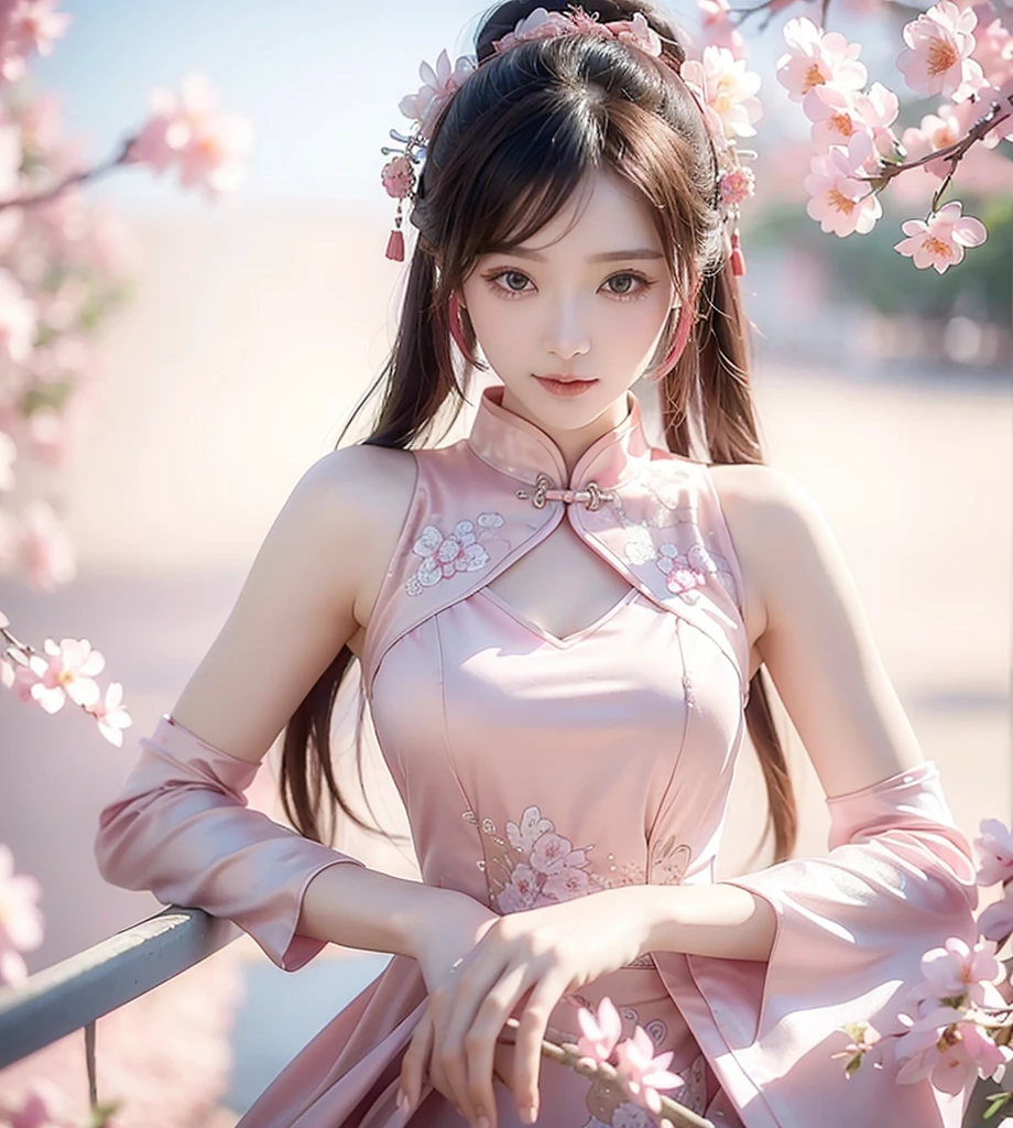 (masterpiece), best quality, high resolution, Extremely detailed, A beautiful pink cheongsam in Chinese style, , Chinese sexy dress, Fine details, Cheongsam is beautiful and sexy, Colorful, Clothes floating, Many details, Pink petals, Sunlight on the skin, brilliant, Hairpin.