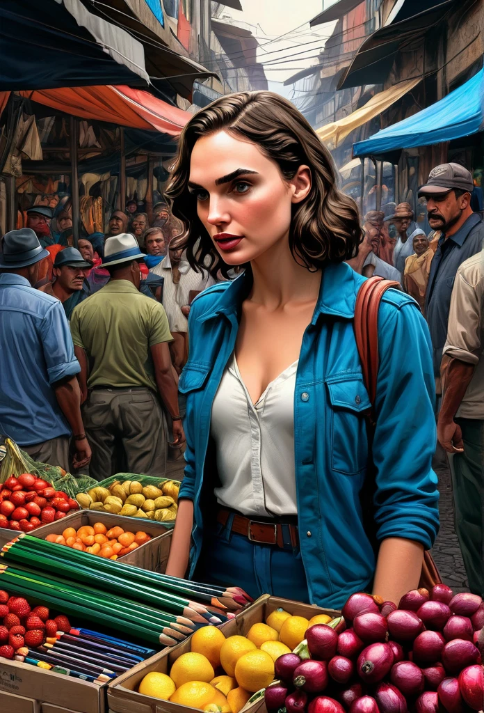 A stunning and intricate color pencil illustration capturing young wandering backpacker photographer Gal Gadot as Diana Prince in a bustling traditional market in Bandung City, Indonesia. He is skillfully positioning himself to capture the perfect street photograph. In the background, an enigmatic figure resembling John Wick engages in conversation with a group of men. The scene is rendered with exceptional detail and vivid colors, reminiscent of Don Lawrence's artistic style. The Octane render brings the cinematic atmosphere to life, showcasing the vibrancy and energy of the market., cinematic, vibrant, illustration