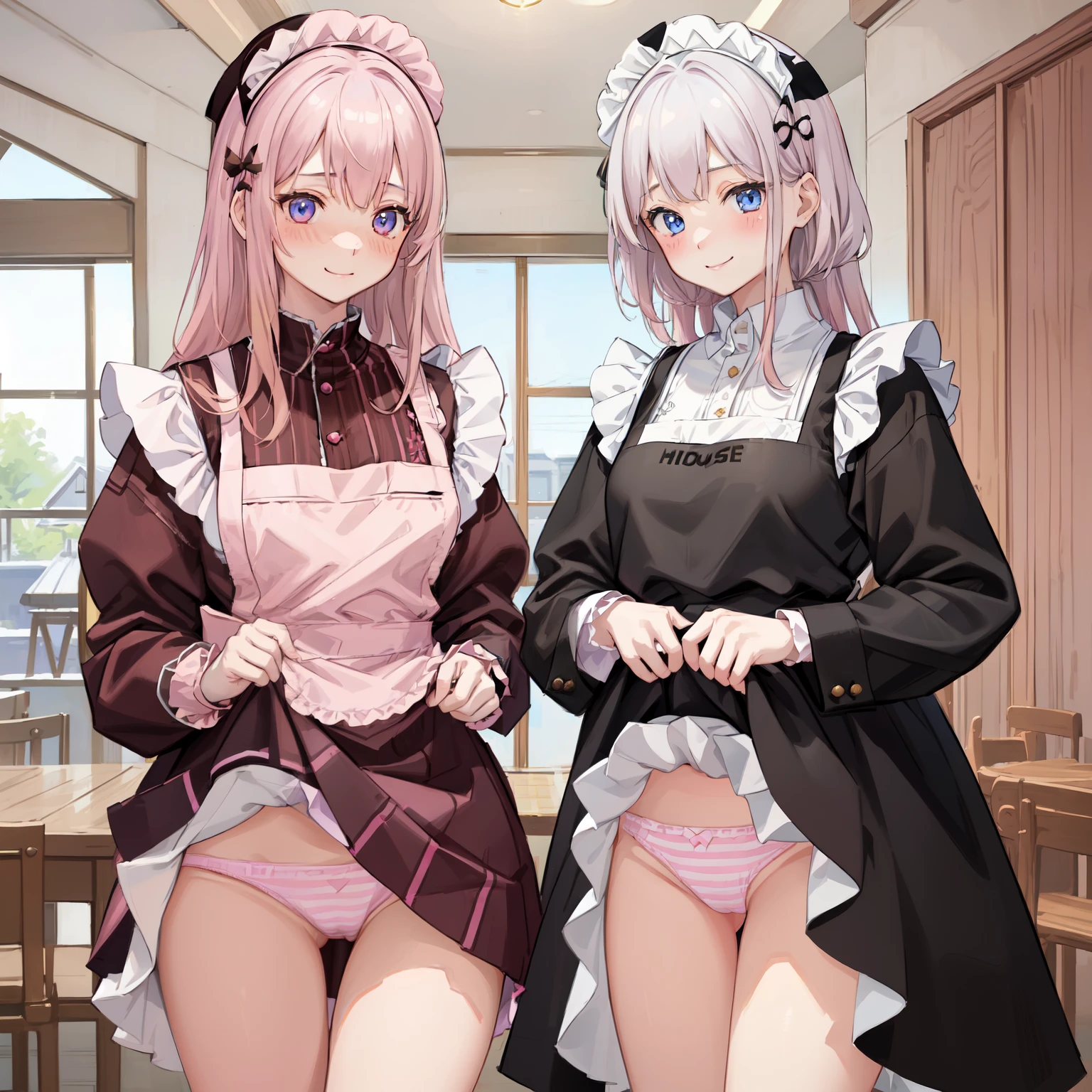 highest quality、masterpiece、((2 girls:1.5))、((smile:1.3))、(blush:1.3)、Black Shirt、blouse、((fun!!))、(Small breasts)、()、Blonde、(Long sleeve)、((White apron:1.5))、((Maid))、((hair ornaments)),、Kamimei、look at me、 ((in house:1.5))、 Taking a break from watching the audience、Cowboy Shot、(Skirt lift:1.3),(Highly detailed pink striped panties:1.3)、(Highly detailed panties:1.3)、、(スカート that rolls up:1.3)、(Panties fully exposed:1.5)、Light blue eyes、long hair、Glowing Eyes