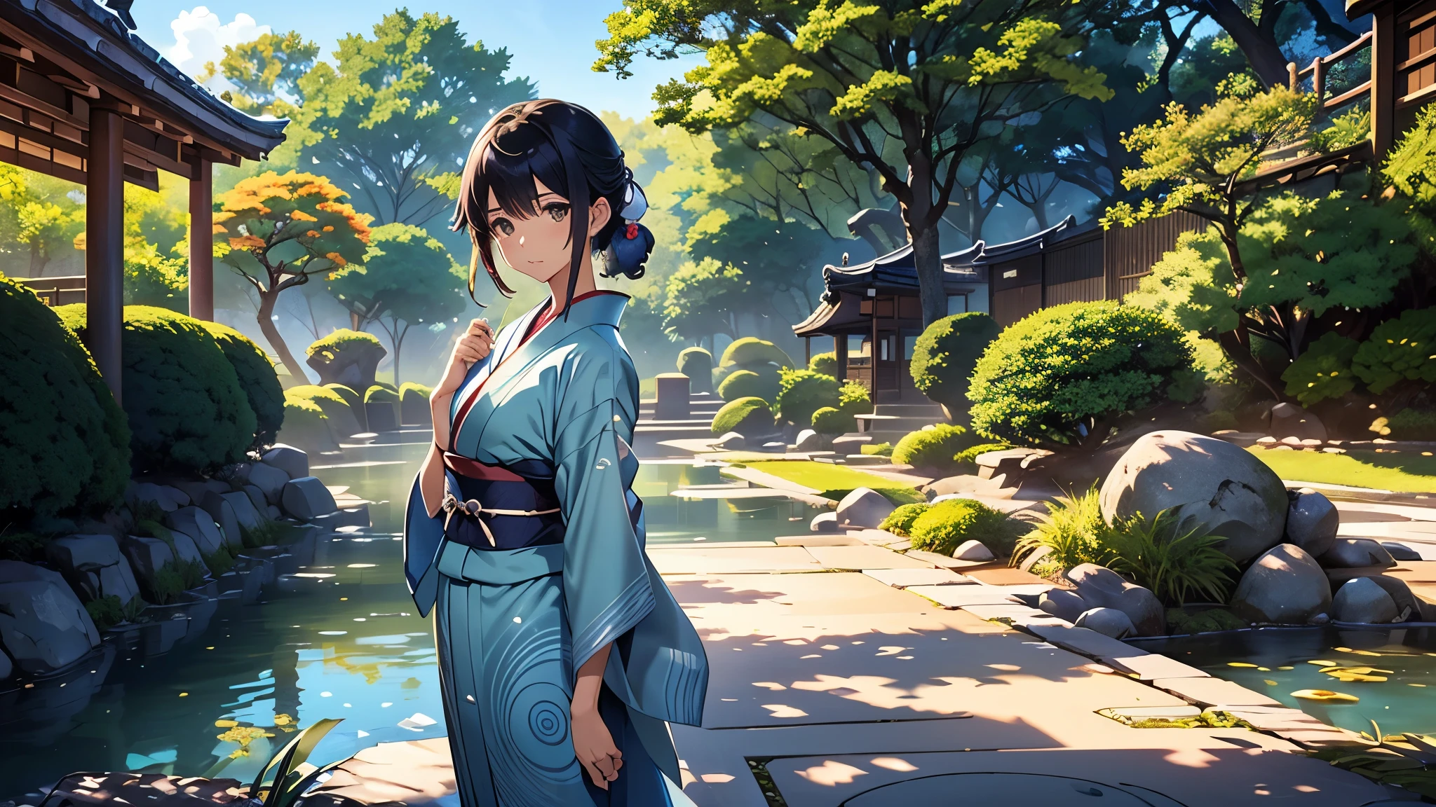 "A beautiful and serene Japanese Zen rock garden under the clear blue sky, in the style of Makoto Shinkai. The garden features meticulously raked sand creating rippling patterns around carefully placed rocks. Gentle sunlight casts soft shadows, highlighting the textures of the rocks and the fine details of the sand. Lush green moss and small plants add a touch of life and color. In the center of the garden, a beautiful woman wearing a traditional Japanese kimono stands gracefully. Her kimono is adorned with intricate patterns and vibrant colors, contrasting beautifully with the tranquil surroundings. The scene exudes a sense of peace and tranquility, with a dreamy and ethereal quality typical of Makoto Shinkai's art."