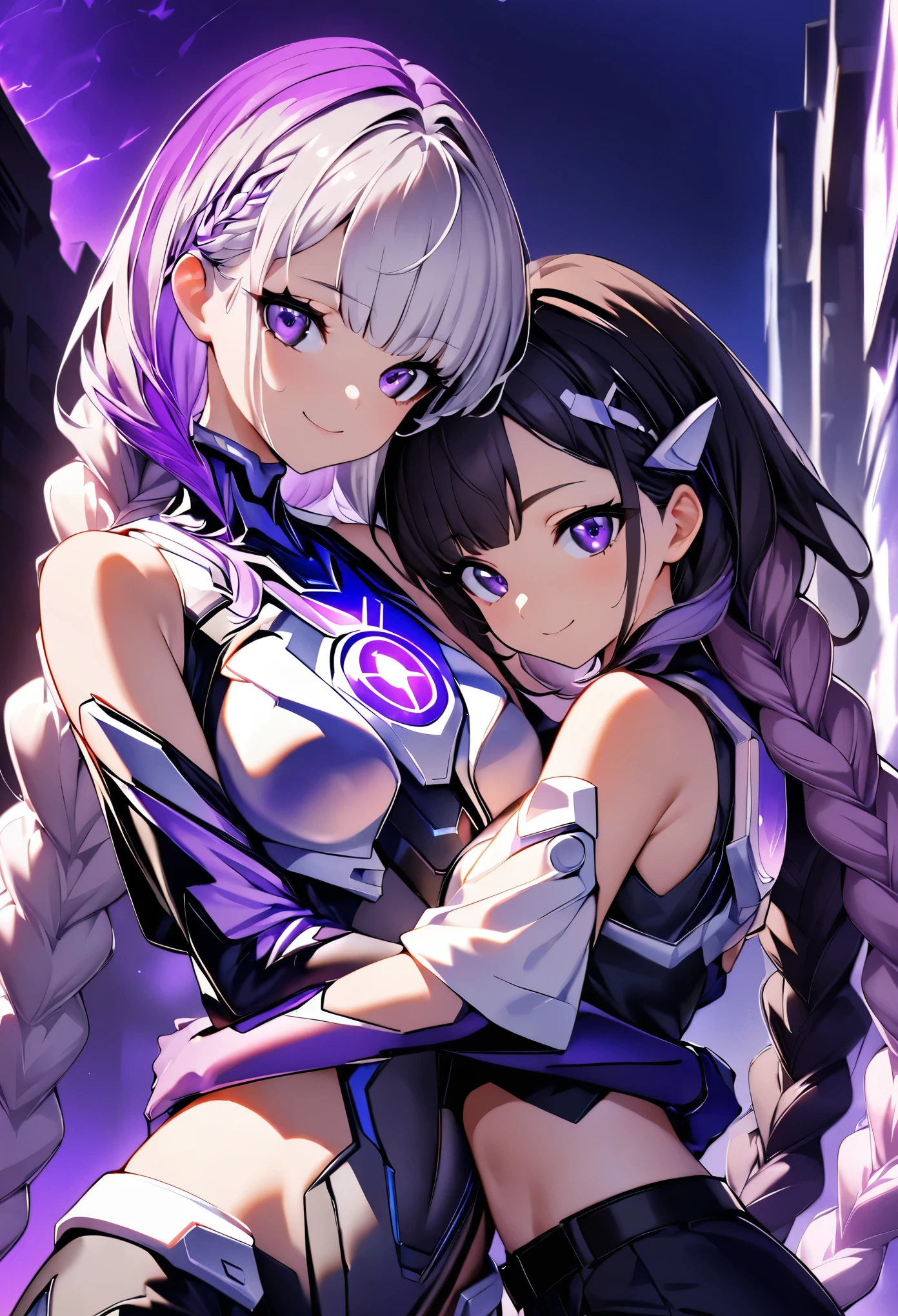 (highest quality:1.2, Very detailed, animeスタイル:1.4, anime, High Contrast, masterpiece:1.2, highest quality, Best aesthetics), Two Girls, Two girls hugging each other, hug, (Girl on the right, short hair, White top, Black Breastplate,smile), (The Girl on the Left, Cyber Suit, Separated sleeves, Bare shoulders, Black top, Silver breastplate, Energy disk on chest, Black Mini Skirt, Belt connecting left and right sleeves, 黒に紫色のアクセントが入ったCyber Suit, ((White and purple gradient hair:1.4, Braided long hair, black and white hair accessories:1.2, Dark purple bangs:1.1, Asymmetrical bangs)), Purple Eyes, Double eyelids, Detailed face, Loose braid, Indifference, kind), Dark Color Palette, Dark Alley, night, Near future city, Lens flare, Perfect Anatomy.