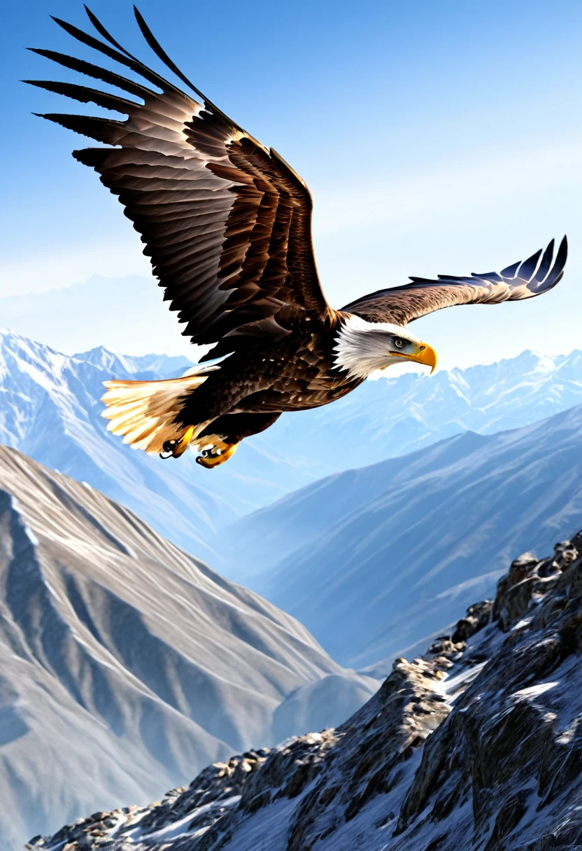 Realistic image of an eagle, flying over the mountains