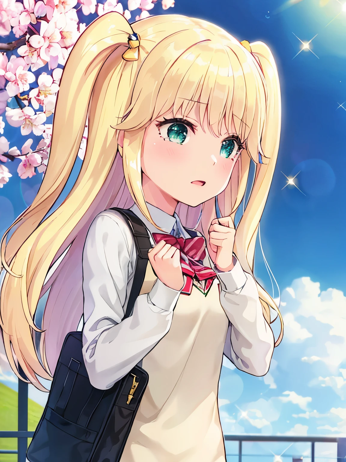 s○l○, 1 girl, highest quality, very detailed, (masterpiece), (illustration), school, outdoor, upper body, face, face focus, from front, , long sleeves, blonde hair, long hair, green eyes, Close ~ eyes,open your mouth,two side up, eyebrows visible through hair, shine, bangs, shine, Lens flare, flat chest, Crying, cherry blossoms,(has a black cylinder)