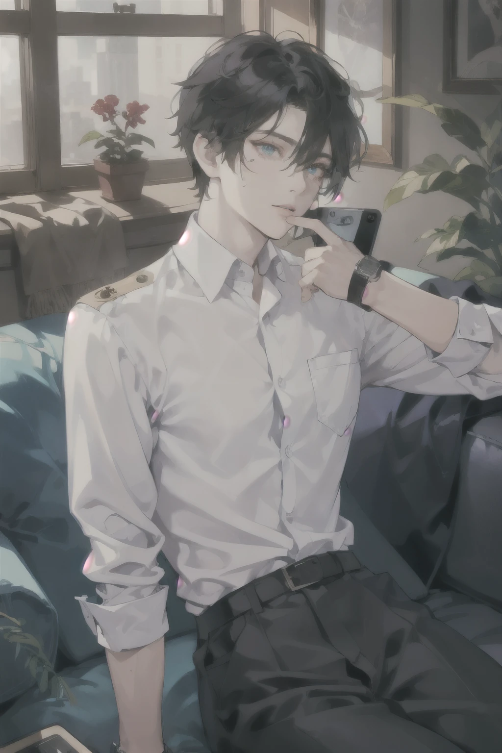 masterpiece, best quality, ultra detailed, (solo man), (male focus), ((Oblong face)), ((Square jawline)), black hair, ((hairs between eyes)), ((shoulder length)), ((narrow blue eye)), fair skin, skinny body, beauty mark, {uniform, outfit, clothes}, dress shirt, watch, holding a phone, sitting on sofa