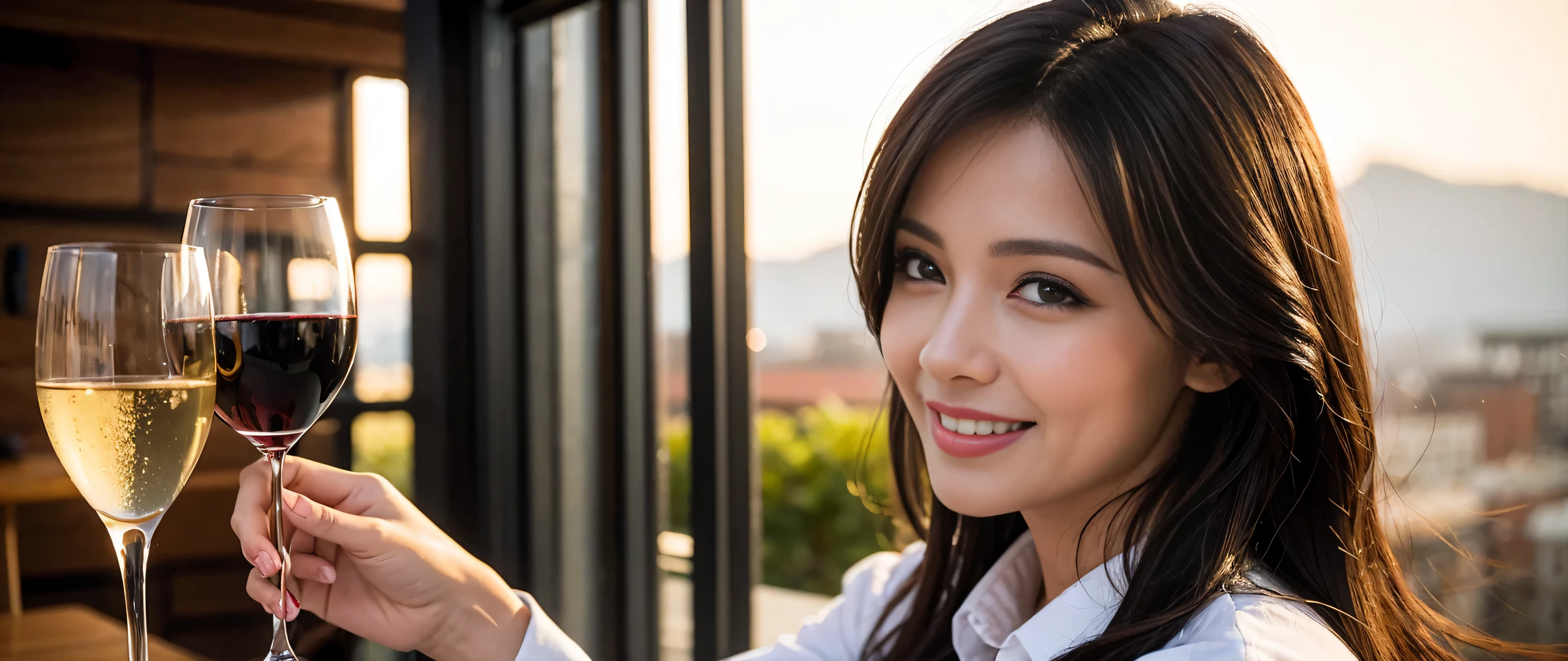 ((highest quality、8k、masterpiece:1.3))、1 male 1 female、Couple、lover、Couple、Slim body、((Bob Hale、Straight hair:1.2))、(Realistic, Intricate details:1.2), Wine glass on the table、Put the light on your face、 Amazing view of the sunset sky and clouds、Amazing mountain views、A bright smile、A lovely woman with a smile、Bright image、2. The beauty of wine, Beautiful Face, blue eyes, The light shines on your face, Blushing, short hair,Bright Face、Fox face、 (40 years old), 39 years old, Lady、red wine 、Appetizers、Italian food、Wine bottle、Champagne、sparkling wine、Two beauties、Brown Hair、Shortcuts、Long sleeve shirt、dress、Pretty Woman 1, (Slim face), (The body is slim), (Brown Hair), (Shortcuts), cheeks turn a little red,Attractive beauty、, Out of the window, A beautiful and detailed night view unfolds.........., restaurant, In a prominent place (From the waist up) Nova Frog Style, actress, model, Upper Body, White wine, slim, wine glass, A wine glass placed in the middle, smile, (smile: 1.15), Beautiful fine grain, Depth f/2,saturation, High Contrast, Strong light and shadow,Moist Body:1.5、3D texture、Delicate eyes、Brown Hair、The hair is very shiny、