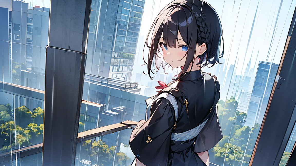 Tabletop, highest quality,figure, wallpaper, Super detailed, Absurd, One Girl、 (Medium Short Hair、Short braided hair), Very detailed beautiful eyes、Hmph、Small head、きれいなrain空、(Panoramic View:1.5)、Headphones、study、rain、梅rain、rain上がり、weather 、The beauty of looking back、Akita Beauty