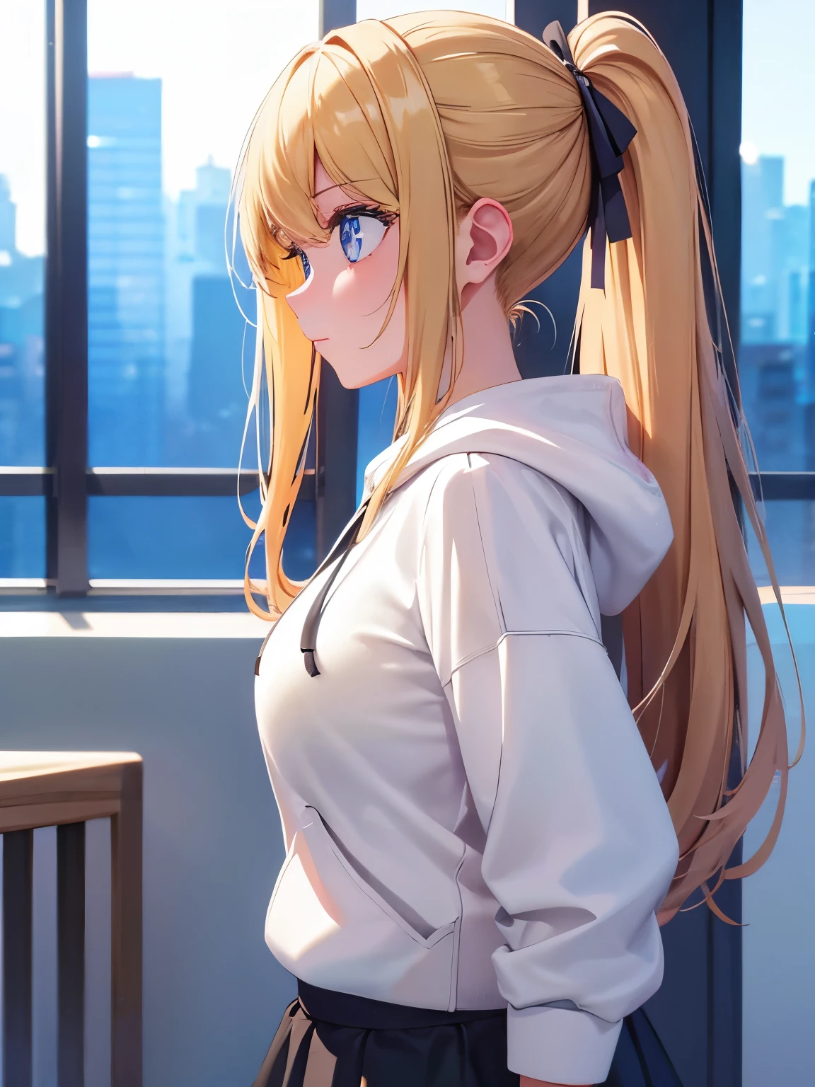 1woman,super beautiful,Standing,Facing right, camera angle from the side, photo from the side, looking away,,half body photo,Beautiful eyes, very detailed face,cute, tennis skirt,HD face, perfect face, white hoodie,long hoodie,black mini skirt,Very big breasts,Blonde hair,long hair,ponytail,bangs,blue eyes,ultra detail,ultra Hd, masterpiece,4k