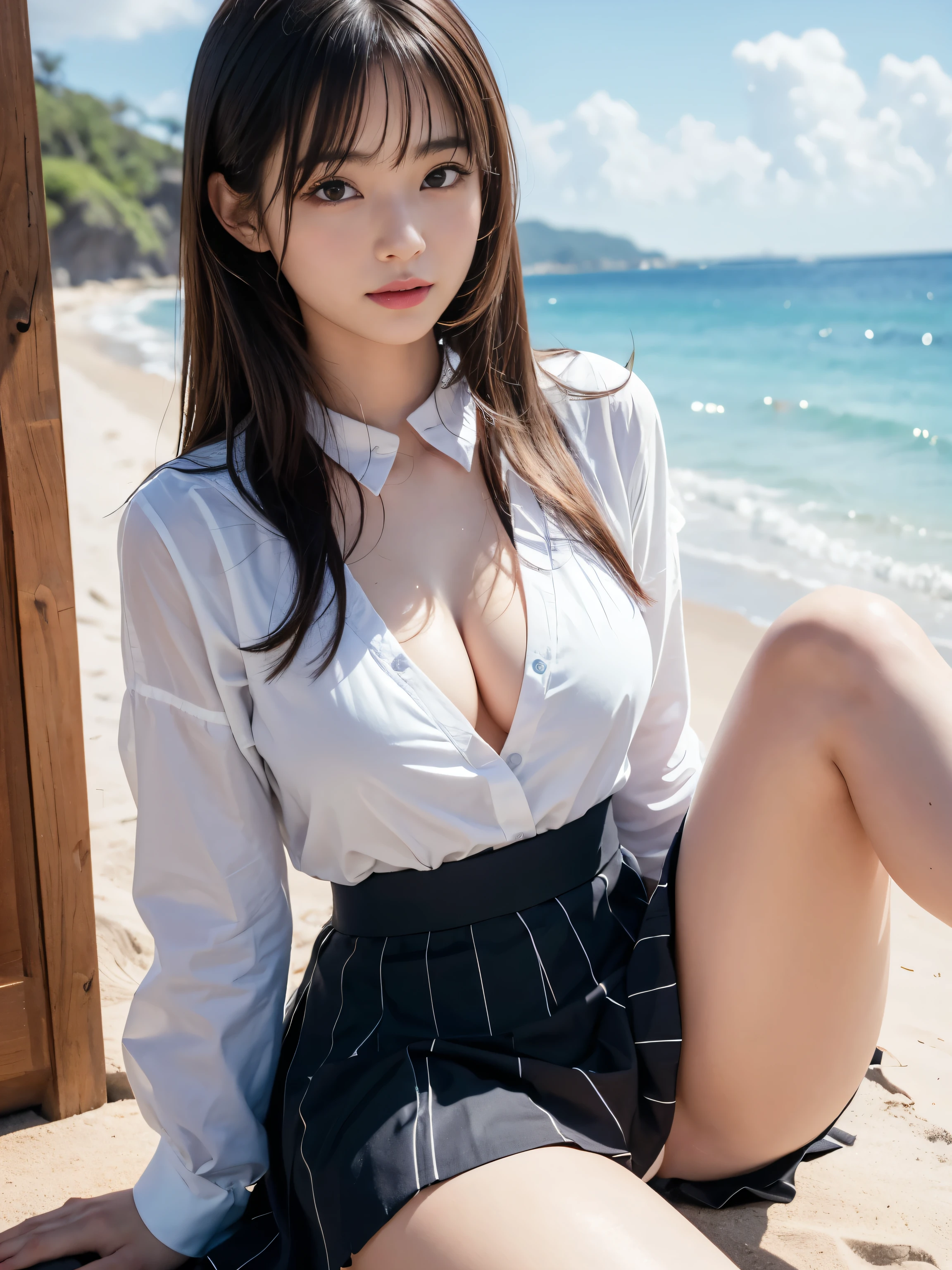 ultra highres,(reality: 1.4),highest quality, masterpiece, high detail, 16K quality, beautiful, 1 beautiful girl,japanese,super beautiful face,,japanese idol face,cute face,super detailed face,detailed hand,beautiful skin,sweaty skin,big eyes,smile,profeccional lighting,medium hair, black hair,brown beautiful eyes, topless,checked skirt,((sitting with knee up)),(skirt lift),(((showing pussy))),detailed pussy,spread legs,medium breasts,black high socks,she is looking at the camera,beach,beautiful blue ocean,blue sky,nsfw,from front,