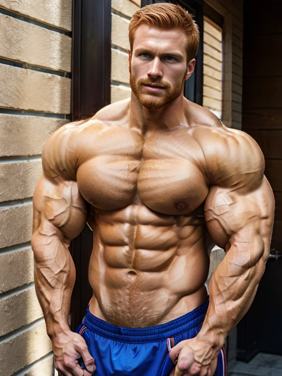 realistic, young, Ginger-haired male figure. Skin has a lifelike, organic texture with subtle imperfections (skin realism:1.5)., rippling chest, extraordinary attractive European (male model:1.5), (gorgeous:1.4), (handsome:1.5), (beautiful:1.7), (ginger:1.2),