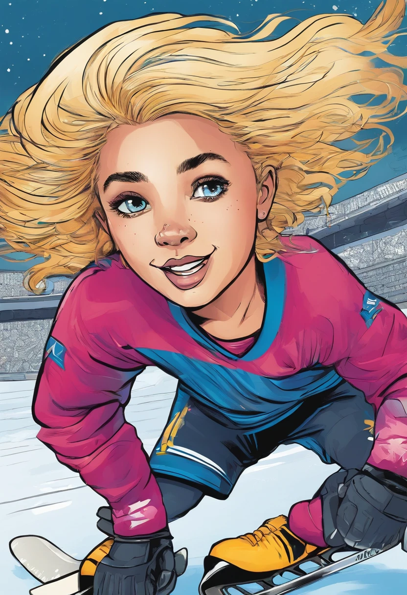 Enfant fille Joueuse de hockey sur glace cheveux blonds courts et yeux bleus 