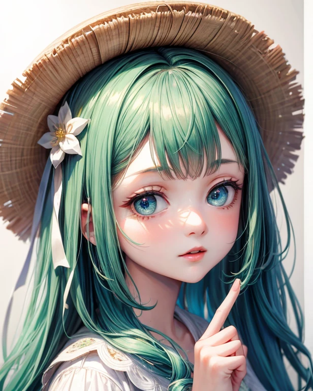 ロングヘア and white Summer knitwear, Summer knitwear,girl with a cute face, In portraits, she has a cute and delicate face., White skin!!, Big eyes, Soft Portrait Shot 8k, Beautiful light、Big eyes, Beautiful girl, Best image quality, masterpiece, Da Vinci Notebook Da Vinci, A Leonardo da Vinci manuscript is used as the background,Emerald green hair