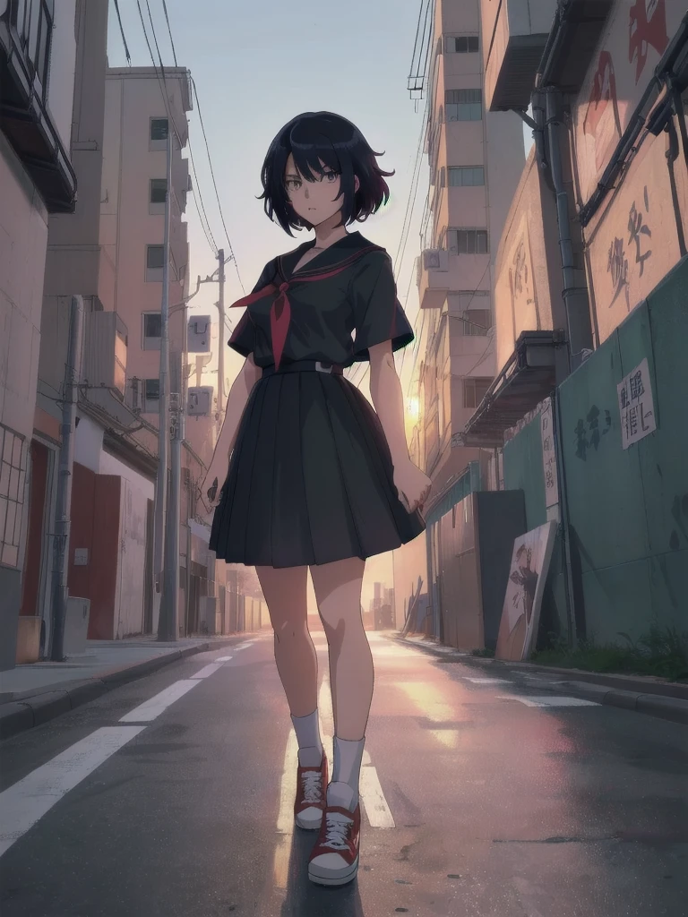 (perfect composition), (high resolution, masterpiece, ultra best quality, ultra HD, 4k,HD, high detailed ),anime character Sukeban delinquent girl  standing on a city street corner in black seifuku with black very long skirt, anime style. 8k, anime style mixed with fujifilm, retro anime girl, anime styled digital art, in tokyo, anime style illustration, anime style 4 k, anime style artwork, anime poster film still portrait, tokyo anime scene, modern anime style, anime style digital art, short hair, 26year old, red converse,