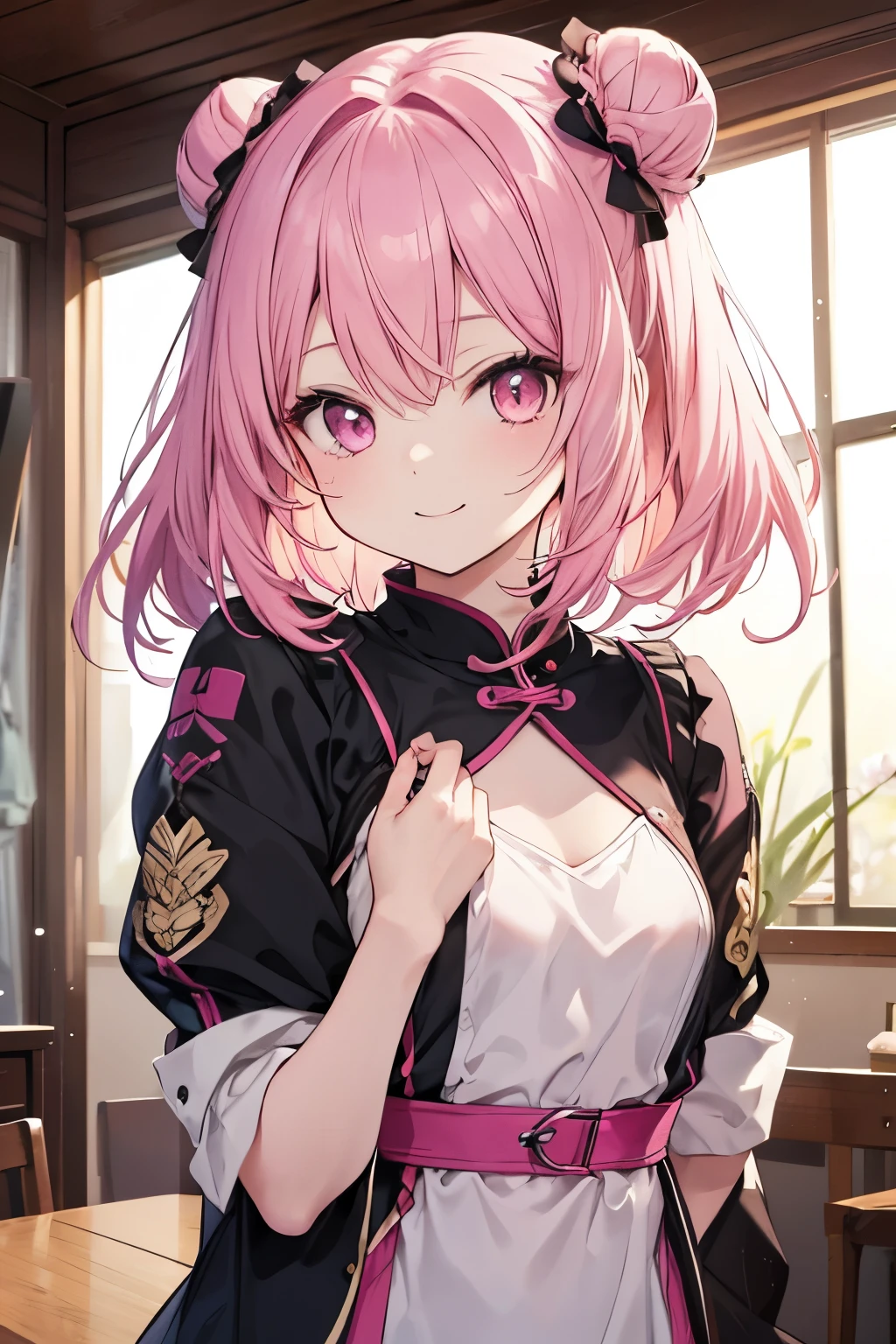 Pink hair Pink eyes、 girl、Small breasts、Hair Bun、girl、Small breasts、A cheerful smile、Looks about 15 years old、Petan Musume、He is short