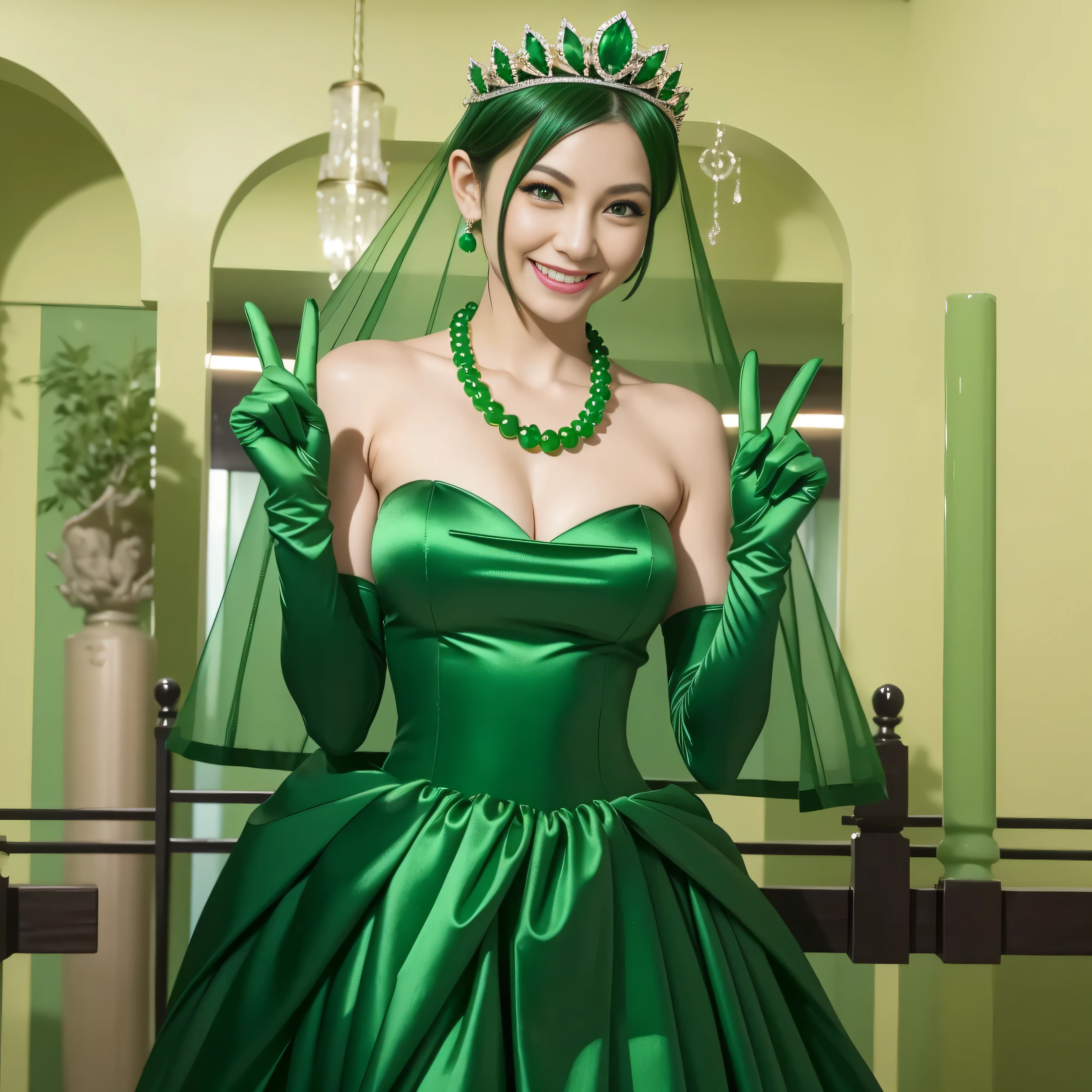 Emerald tiara, Green Pearl Necklace, Boyish very short green hair, lipstick, Smiling Japanese woman, Very short hair, Big tits beautiful, Green Eyes, Long green satin gloves, Green Eyes, V sign, Emerald Earrings, Green Veil