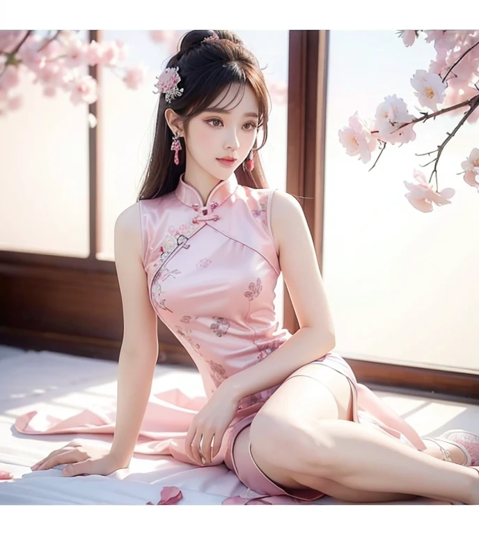 (masterpiece), best quality, high resolution, Extremely detailed, A beautiful pink cheongsam in Chinese style, , Chinese sexy dress, Fine details, Cheongsam is beautiful and sexy, Colorful, Clothes floating, Many details, Pink petals, Sunlight on the skin, brilliant, Hairpin, Big .