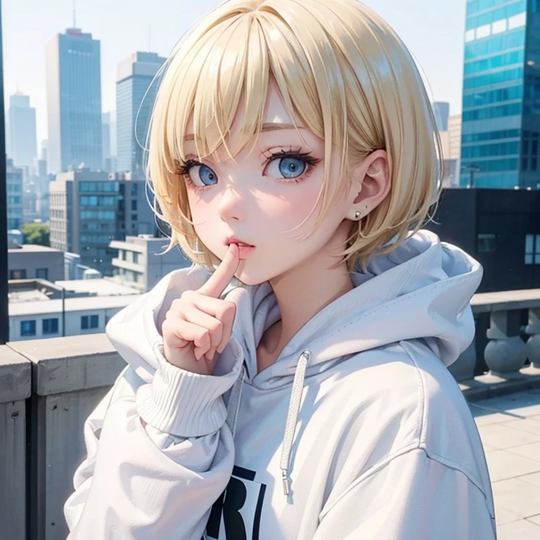 profile, blonde、short hair、girl 1、close up of face、city、composition from above、fashion、blonde hair、Short Mash Hair、、wearing a plain white hoodie、wearing black sneakers、turquoise eyes、black shortaking a thumbs up gesture,That's a nice tooth,Expressive eyes,,Dramatic shading and highlights,Ultra-fine strokes,Professional portrait,Perfect lighting, Thumbs up、thumbs up,Camera from the front