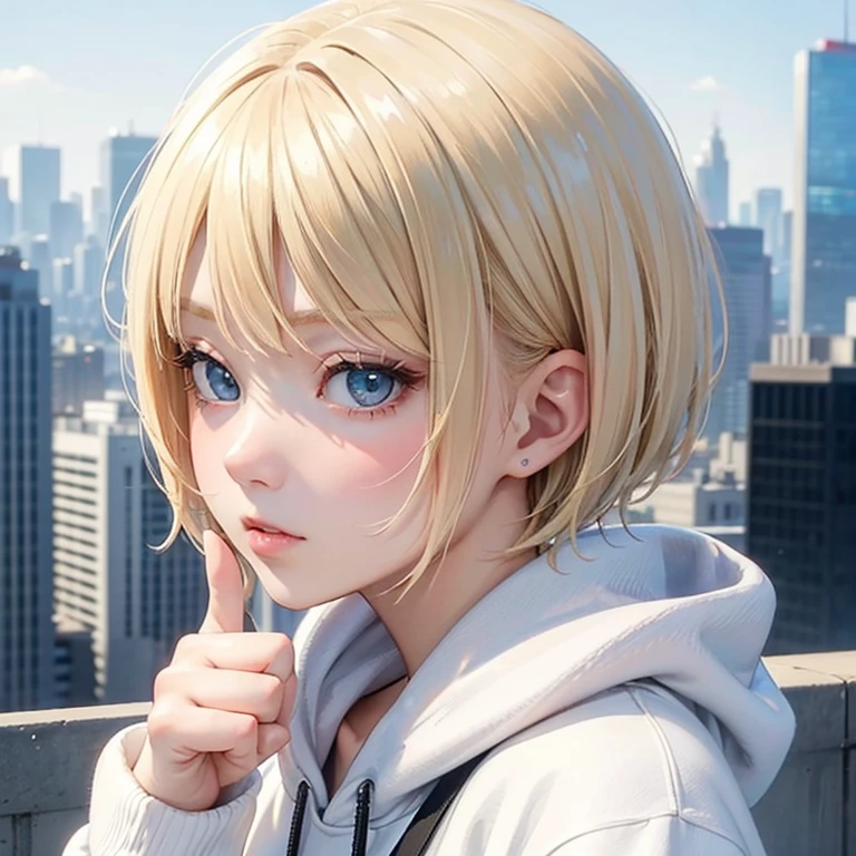 profile, blonde、short hair、girl 1、close up of face、city、composition from above、fashion、blonde hair、Short Mash Hair、、wearing a plain white hoodie、wearing black sneakers、turquoise eyes、black shortaking a thumbs up gesture,That&#39;s a nice tooth,Expressive eyes,,Dramatic shading and highlights,Ultra-fine strokes,Professional portrait,Perfect lighting, Thumbs up、thumbs up,Camera from the front