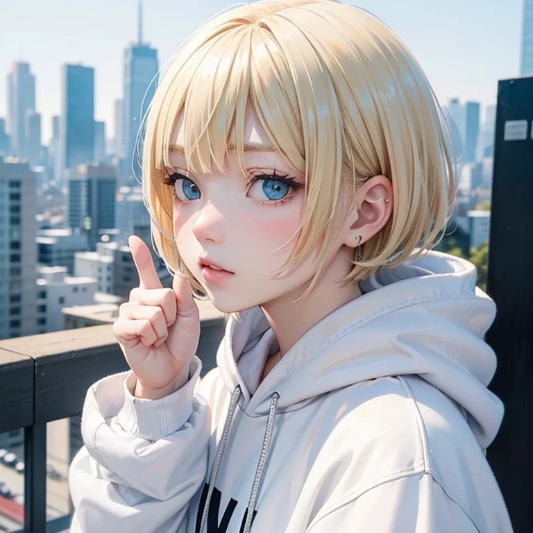 profile, blonde、short hair、girl 1、close up of face、city、composition from above、fashion、blonde hair、Short Mash Hair、、wearing a plain white hoodie、wearing black sneakers、turquoise eyes、black shortaking a thumbs up gesture,That's a nice tooth,Expressive eyes,,Dramatic shading and highlights,Ultra-fine strokes,Professional portrait,Perfect lighting, Thumbs up、thumbs up,Camera from the front