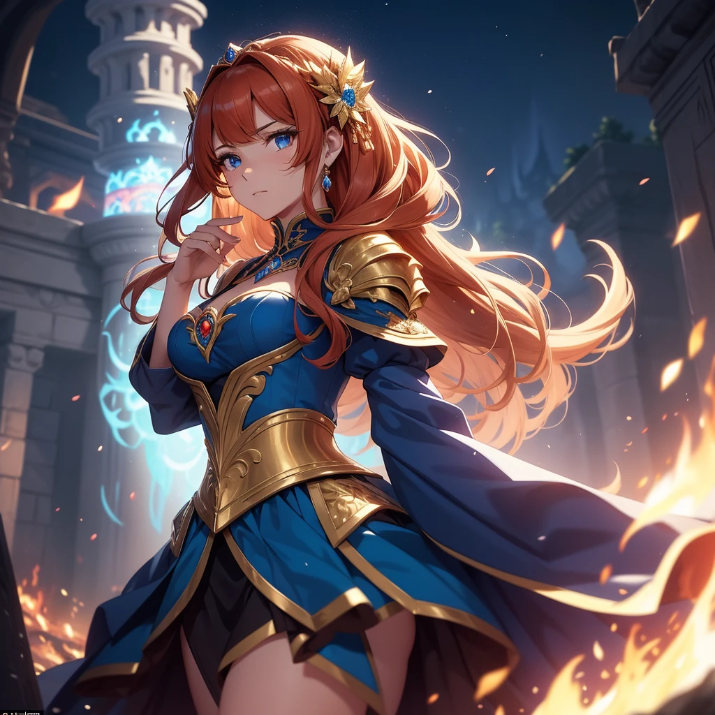 A captivating anime princess, adorned in royal blue armor with fire-resistant properties, stands tall amidst the embers of a war-torn battlefield. With her mental strength unwavering, she carries a silver halberd in hand, a symbol of her undying spirit. Her silhouette is delicately illuminated by the flickering flames, creating an enchanting aura around her. The princess's garb, intricately designed with golden filigree, accentuates her regal stature and strong physique. She sports auburn hair, styled in loose waves that cascade down her back, along with asymmetrical bangs framing her