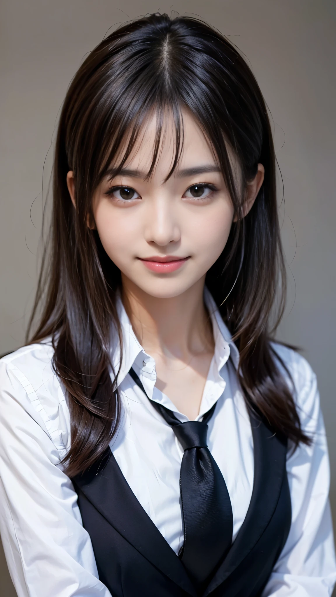 ((highest quality、Masterpiece、High resolution))、(((Zoom photo of upper body)))、A shy smile、15 years old、Big Breasts、Black blazer、shirt、tie、Black Hair、Trimmed bangs、Straight Hair