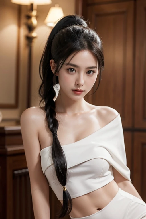 Superb Quality, Masterpiece, High Resolution, 1Girl, Blush, (Seductive Smile: 0.8), , (High Detail Skin: 1.2), 8K UHD, SLR, Soft Light, High Quality, Volume Lighting, C High Resolution, 4K, 8K, Real Person, cruel,  beautiful black hair, ponytail hairstyle, full bodybody, hairnet, black assassin clothes ,black eyes, icy eyes, super cool assassin costume 