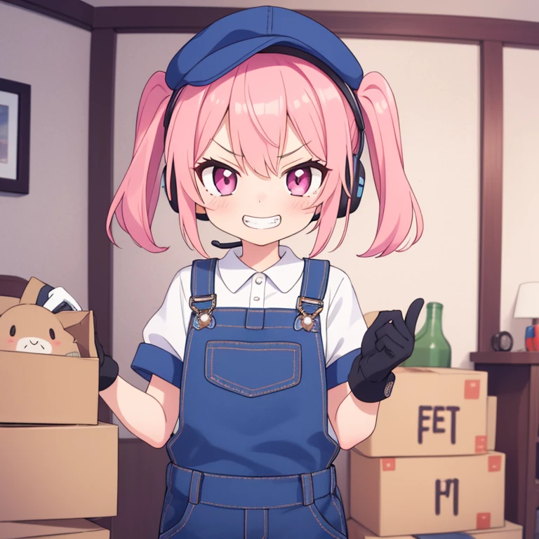 One Girl、Work clothes、Overalls and gloves、Blue cap、Dark pink hair、Twin tails、short hair、Pink Eyes、Grin、A mean look、headset、Holding a large cardboard box in both hands、Living Room Background