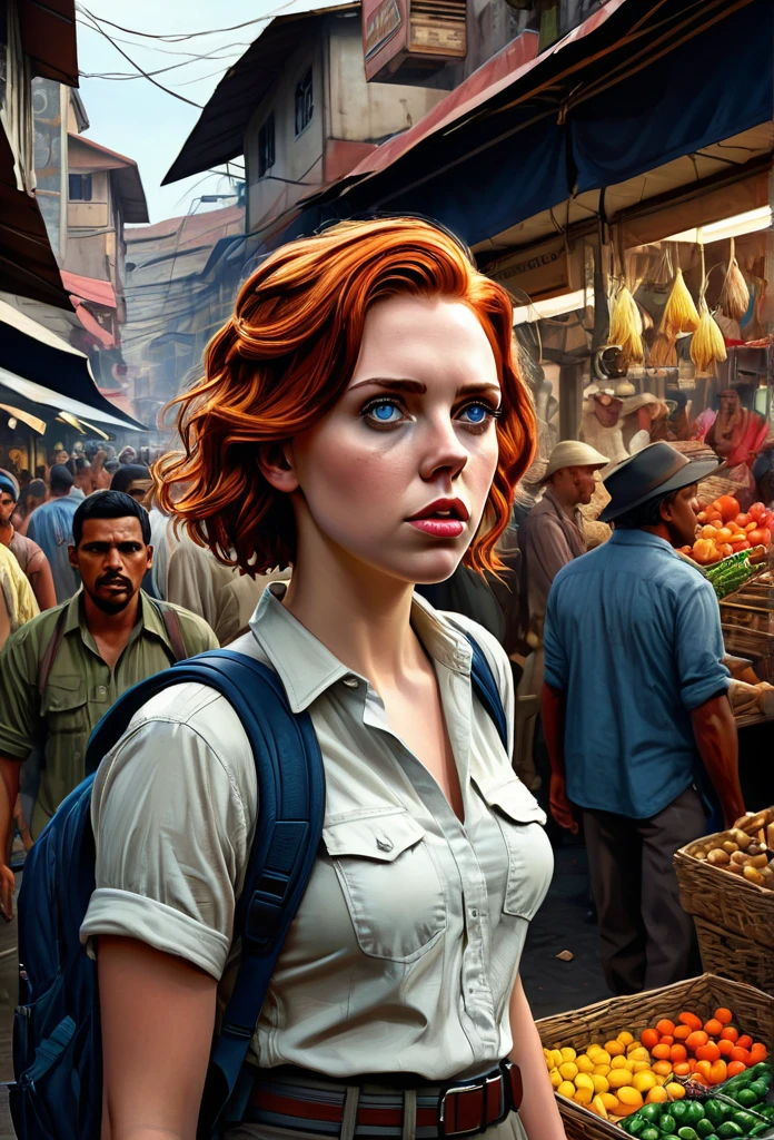 A stunning and intricate color pencil illustration capturing young wandering backpacker photographer Scarlet Johansson as Natasha Romanova in a bustling traditional market in Bandung City, Indonesia. He is skillfully positioning himself to capture the perfect street photograph. In the background, an enigmatic figure resembling John Wick engages in conversation with a group of men. The scene is rendered with exceptional detail and vivid colors, reminiscent of Don Lawrence's artistic style. The Octane render brings the cinematic atmosphere to life, showcasing the vibrancy and energy of the market., cinematic, vibrant, illustration
