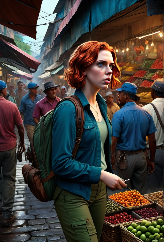 A stunning and intricate color pencil illustration capturing young wandering backpacker photographer Scarlet Johansson as Natasha Romanova in a bustling traditional market in Bandung City, Indonesia. He is skillfully positioning himself to capture the perfect street photograph. In the background, an enigmatic figure resembling John Wick engages in conversation with a group of men. The scene is rendered with exceptional detail and vivid colors, reminiscent of Don Lawrence's artistic style. The Octane render brings the cinematic atmosphere to life, showcasing the vibrancy and energy of the market., cinematic, vibrant, illustration