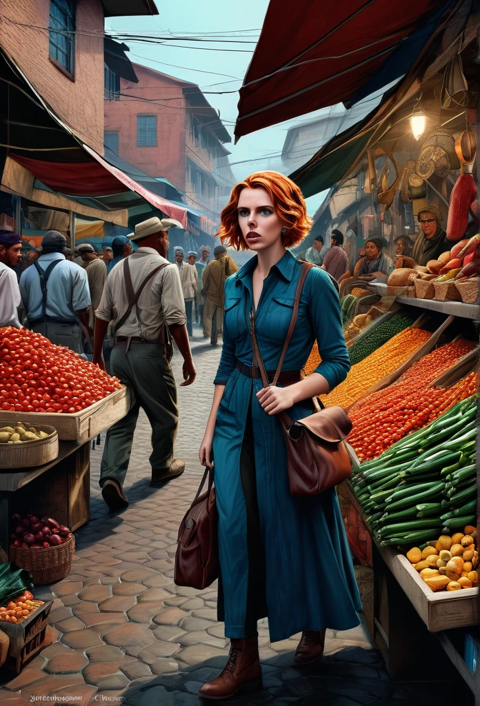 A stunning and intricate color pencil illustration capturing young wandering backpacker photographer Scarlet Johansson as Natasha Romanova in a bustling traditional market in Bandung City, Indonesia. He is skillfully positioning himself to capture the perfect street photograph. In the background, an enigmatic figure resembling John Wick engages in conversation with a group of men. The scene is rendered with exceptional detail and vivid colors, reminiscent of Don Lawrence's artistic style. The Octane render brings the cinematic atmosphere to life, showcasing the vibrancy and energy of the market., cinematic, vibrant, illustration