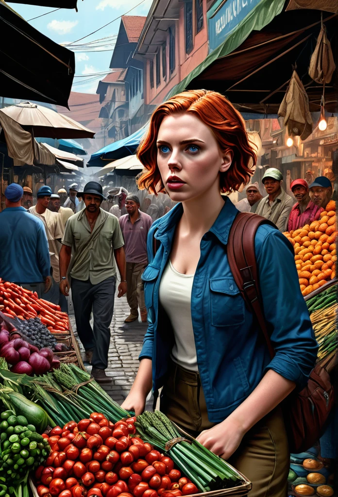 A stunning and intricate color pencil illustration capturing young wandering backpacker photographer Scarlet Johansson as Natasha Romanova in a bustling traditional market in Bandung City, Indonesia. He is skillfully positioning himself to capture the perfect street photograph. In the background, an enigmatic figure resembling John Wick engages in conversation with a group of men. The scene is rendered with exceptional detail and vivid colors, reminiscent of Don Lawrence's artistic style. The Octane render brings the cinematic atmosphere to life, showcasing the vibrancy and energy of the market., cinematic, vibrant, illustration