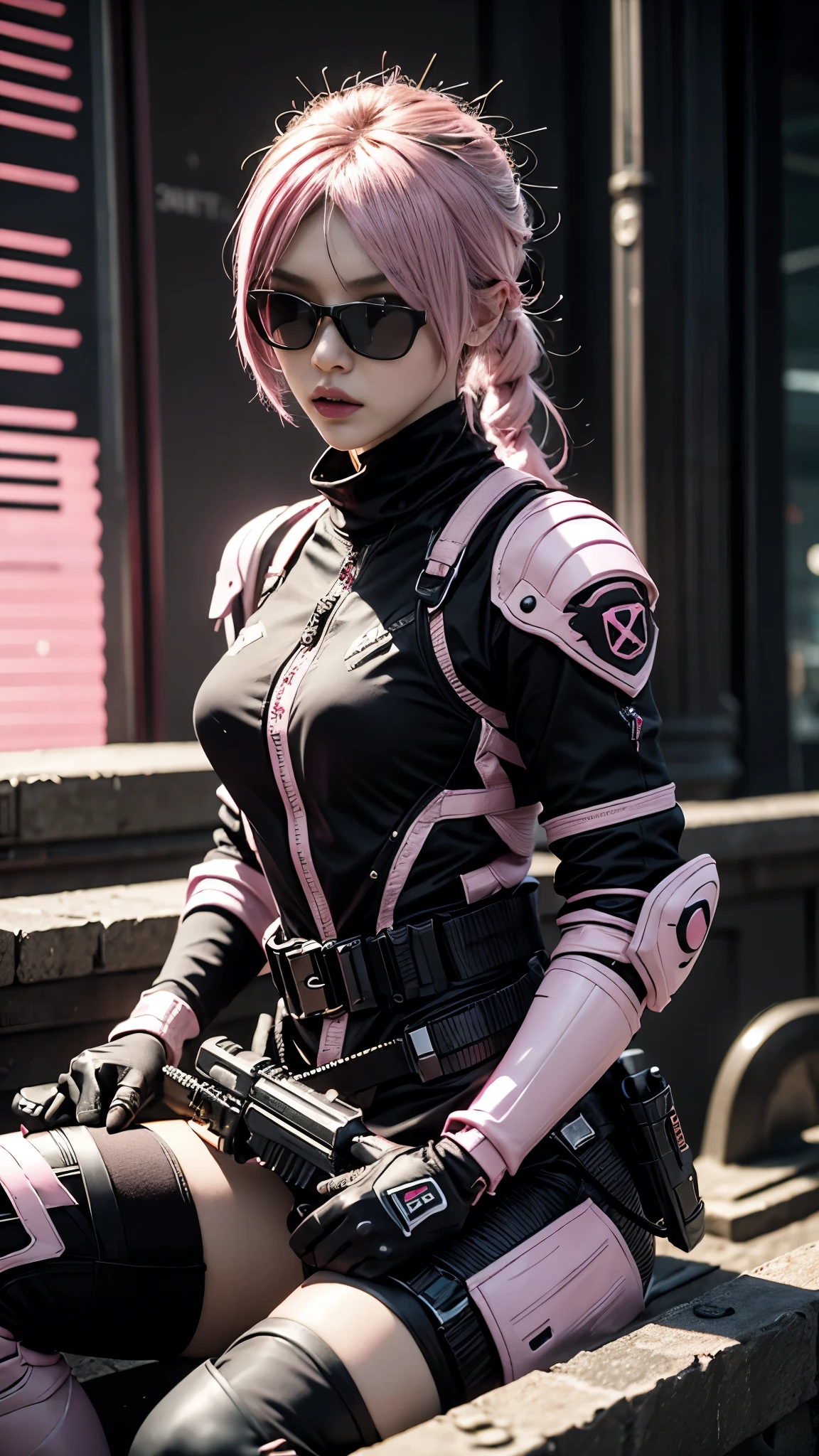 8K, UHD, masterpiece, 1 girl, detailed face, smart face, ((sunglasses)), detailed eyes, sniper rifle in hand, battleroyal, call of duty cosplay, call of duty modern warfare 3, ((ghost tribe)), ((pink and black cosplay:1.5)), belts, gun, methic gun, futuristic art, cyberpunk lihting, ultra extreme graphics, RTX 4090, ray tracing, bloom, depth of field, motion blur, sitting,