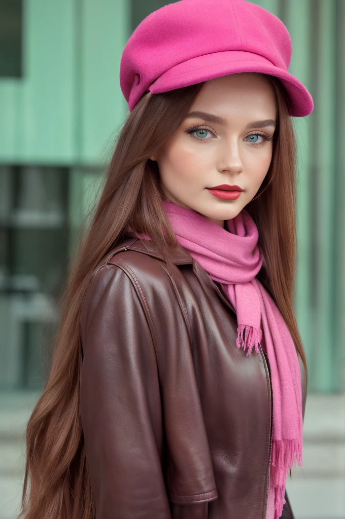 Photorealistic, best quality, hyper detailed, selfie photo, upper body. Gorgeous, pretty, warm-hearted, kind-hearted, good-hearted, stunning, cheerful, sweet, polite, sensitive, sensible, shiny, charming, alluring, dreamy, graceful, classy, stylish, flowing extra long ginger haired russian woman with the cutest face, fair porcelain skin, soft make-up, red lipstick, she is wearing a leather jacket, riding boots, a black newsboy cap and a pink scarf.
