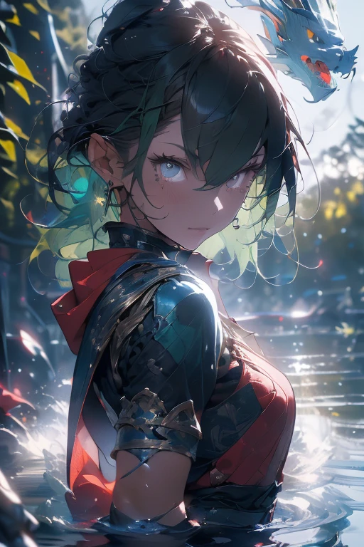 ((best quality)), ((masterpiece)), (detailed), perfect face, sea dragoness, young girl, light green hair, maroon cloak, water dagger in hand, fierce, playfully dancing on top of the water, best work, beautiful face, warrior girl, happy, modest
