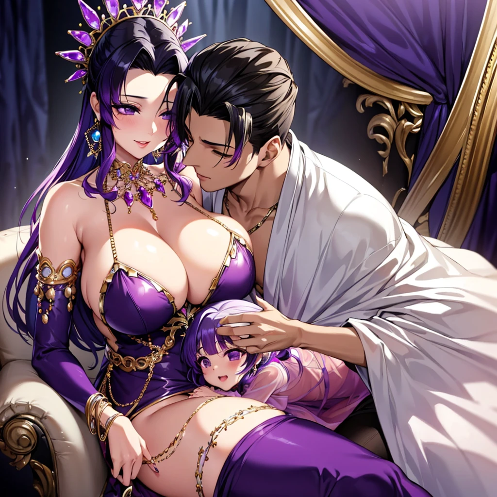 ((highest quality)), ((masterpiece)), (detailed), （Perfect Face）、The woman is Shinobu Kochou and has purple hair.、（The woman is wearing a luxurious, voluminous, shiny purple long slit see-through dress and a purple furry see-through cape.、She wears jeweled earrings and necklaces, bracelets and ankles, jeweled waist chains and head dress chains, a gorgeous, open, detachable see-through dress skirt, purple shiny boots, and a gorgeous engagement ring.）、（A woman is smiling and hugging a man in a luxurious outfit tightly on a large, luxurious chair, kissing him deeply and pledging her eternal love and loyalty to him, and she is holding her .）、((A woman hugs a man tightly））