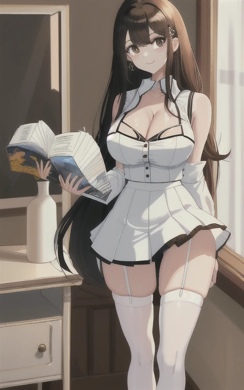 (((masterpiece, best quality, The absurdity)))), 1 Girl,Solitary, Brazilian young woman (19 years old, Natural long black hair (Length to hip height)) Dressed in Japanese school(( White short button top,Mini pleated skirt,Alloy white thong underwear, Stockings skin color(Light brown)))), Huge breasts(((Large Breasts、Low-cut，Cleavage, Wide hips,)))((Long legs)),Hourglass figure,, beautiful girl,A bright smile