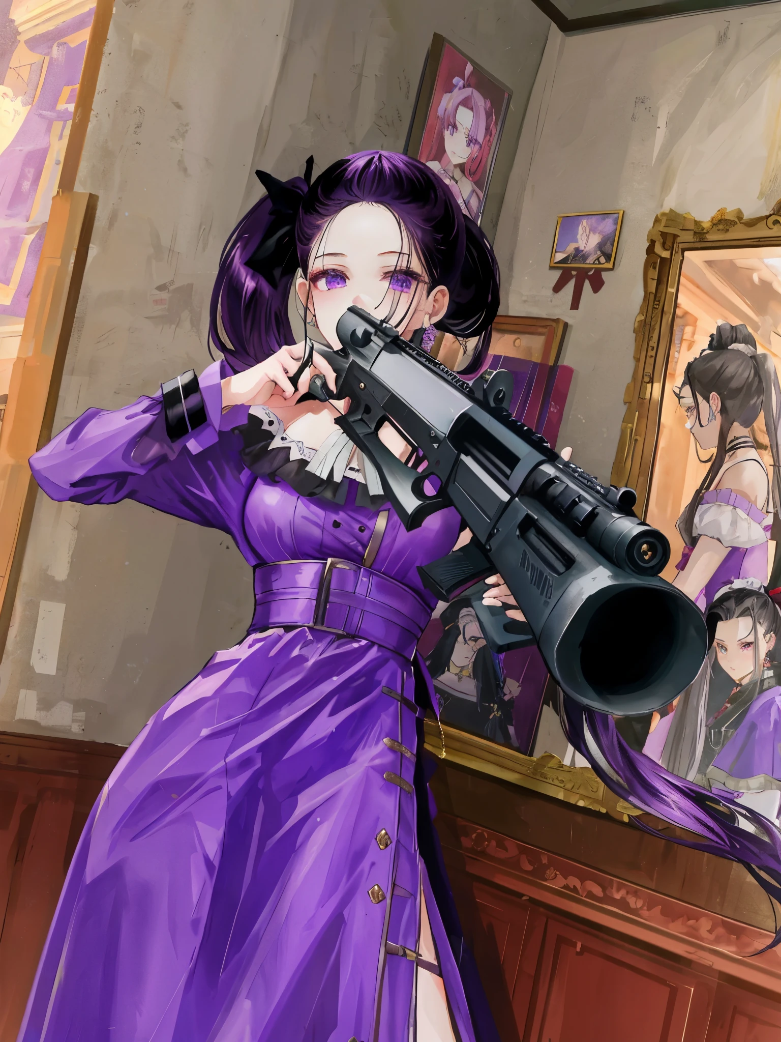 (ponytail forehead hair pulled back:1.3). there is a woman in a purple dress holding a gun, with rifle, wearing a purple frock coat, lalisa manobal, victorian style costume, in victorian aristocrat, belle delphine, lalisa manoban of blackpink, with pistol, iu lee ji-eun as a super villain, cl,  carrying a rifle, bae suzy, purple outfit