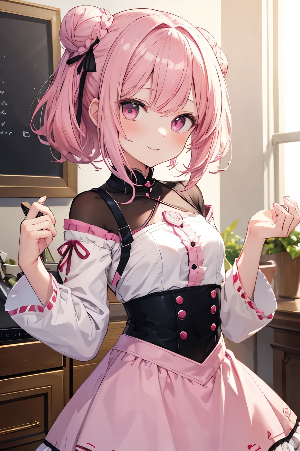 Pink hair Pink eyes、 girl、Small breasts、Hair Bun、girl、Small breasts、A cheerful smile、Looks about 、Petan Musume、He is short