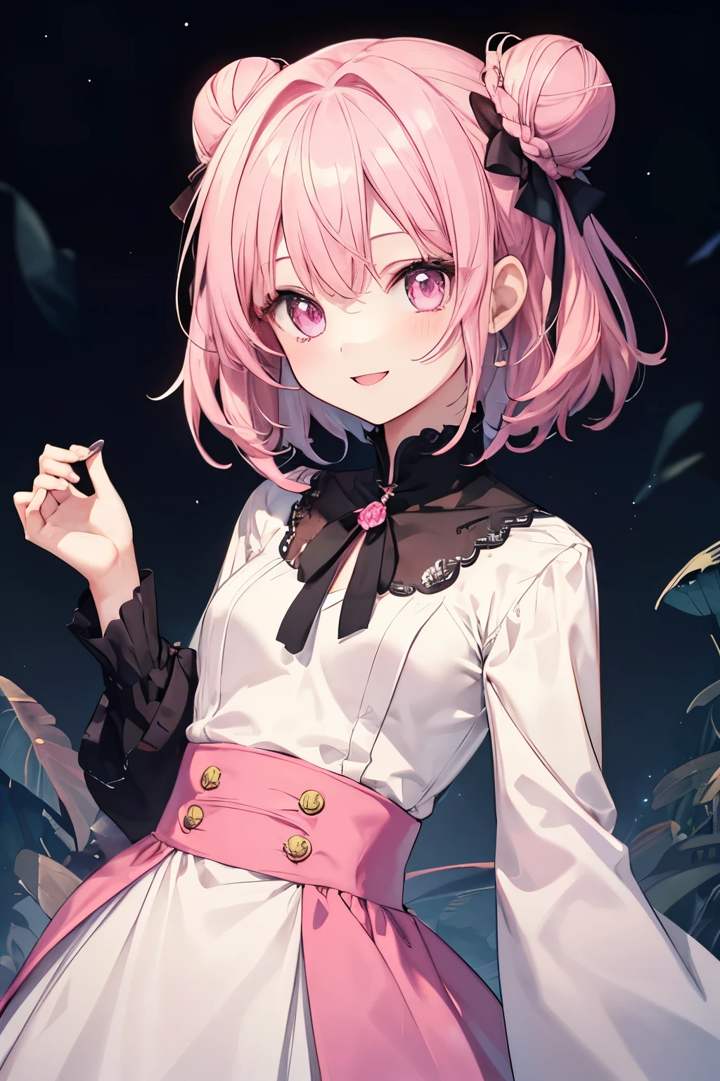 Pink hair Pink eyes、 girl、Small breasts、Hair Bun、girl、Small breasts、A cheerful smile、Looks about 15 years old、Petan Musume、He is short