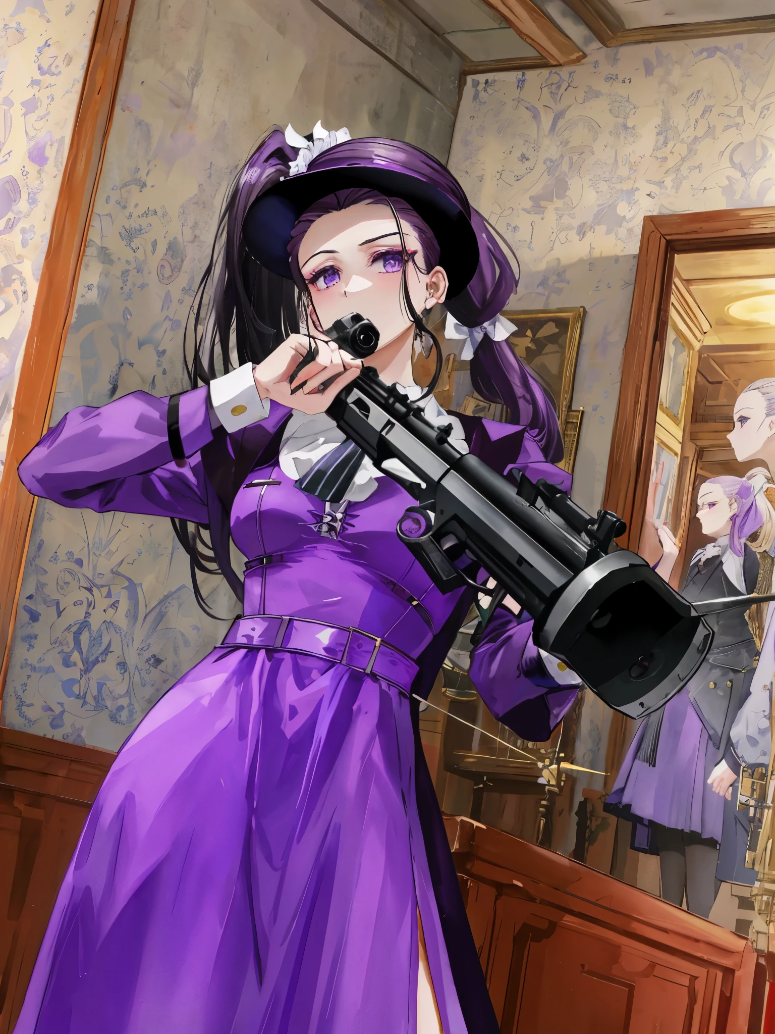(ponytail forehead hair pulled back:1.3). there is a woman in a purple dress holding a gun, with rifle, wearing a purple frock coat, lalisa manobal, victorian style costume, in victorian aristocrat, belle delphine, lalisa manoban of blackpink, with pistol, iu lee ji-eun as a super villain, cl, carrying a rifle, bae suzy, purple outfit