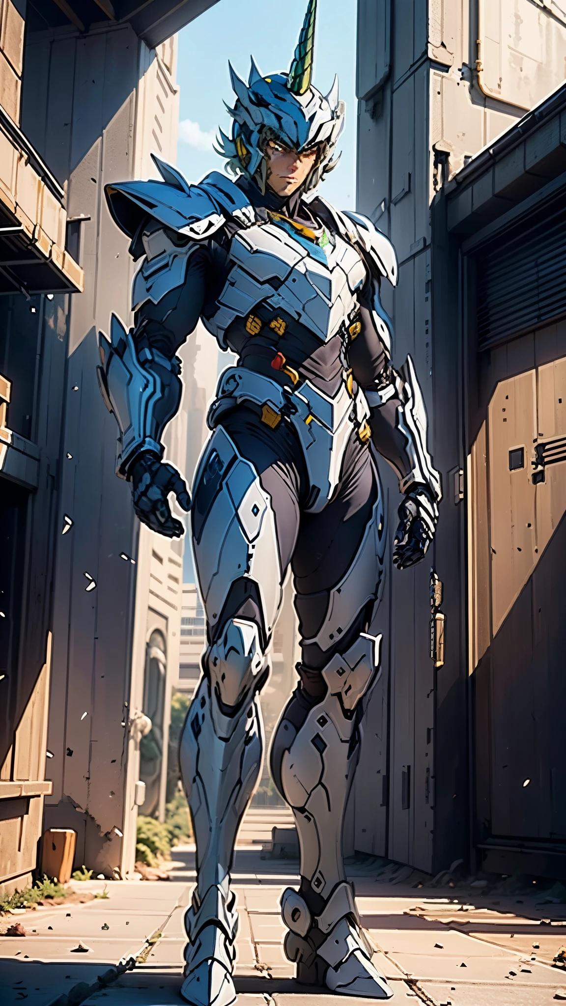 A man wearing a full-face helmet, a fantasy-style biotech armored combat suit, green eyes, (a composite layered chest armor), fully enclosed shoulder guards, matching arm and leg guards, the belt is adorned with Horseshoe-shaped marker, (the color scheme is primarily white with green accents), the design balances heavy with agility, a high-tech bio-mecha armor, (Armor Concept Inspired by Unicorn, stand on the top of a skyscraper in a futuristic sci-fi city), this character embodies a finely crafted fantasy-surreal style armored hero in anime style, exquisite and mature manga art style, (battle damage, element, plasma, energy, the armor glows), ((male:1.5)), metallic, real texture material, dramatic, high definition, best quality, highres, ultra-detailed, ultra-fine painting, extremely delicate, professional, perfect body proportions, golden ratio, anatomically correct, symmetrical face, extremely detailed eyes and face, high quality eyes, creativity, RAW photo, UHD, 32k, Natural light, cinematic lighting, masterpiece-anatomy-perfect, masterpiece:1.5